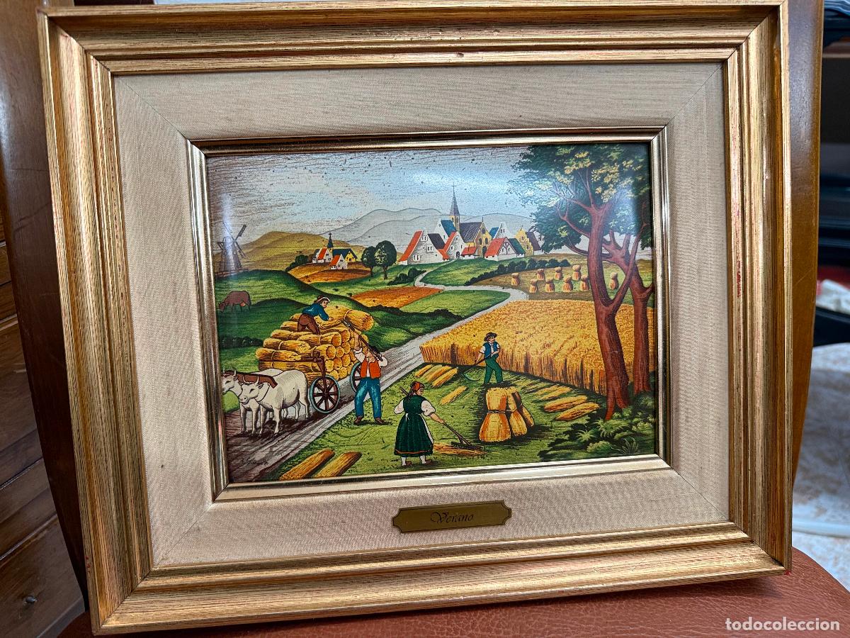 Otros Objetos de Arte: Encantador y na&iuml;f cuadro en metal esmaltado. Dirma R.Simonetto. Paisaje Verano. Mode 34x28cms total