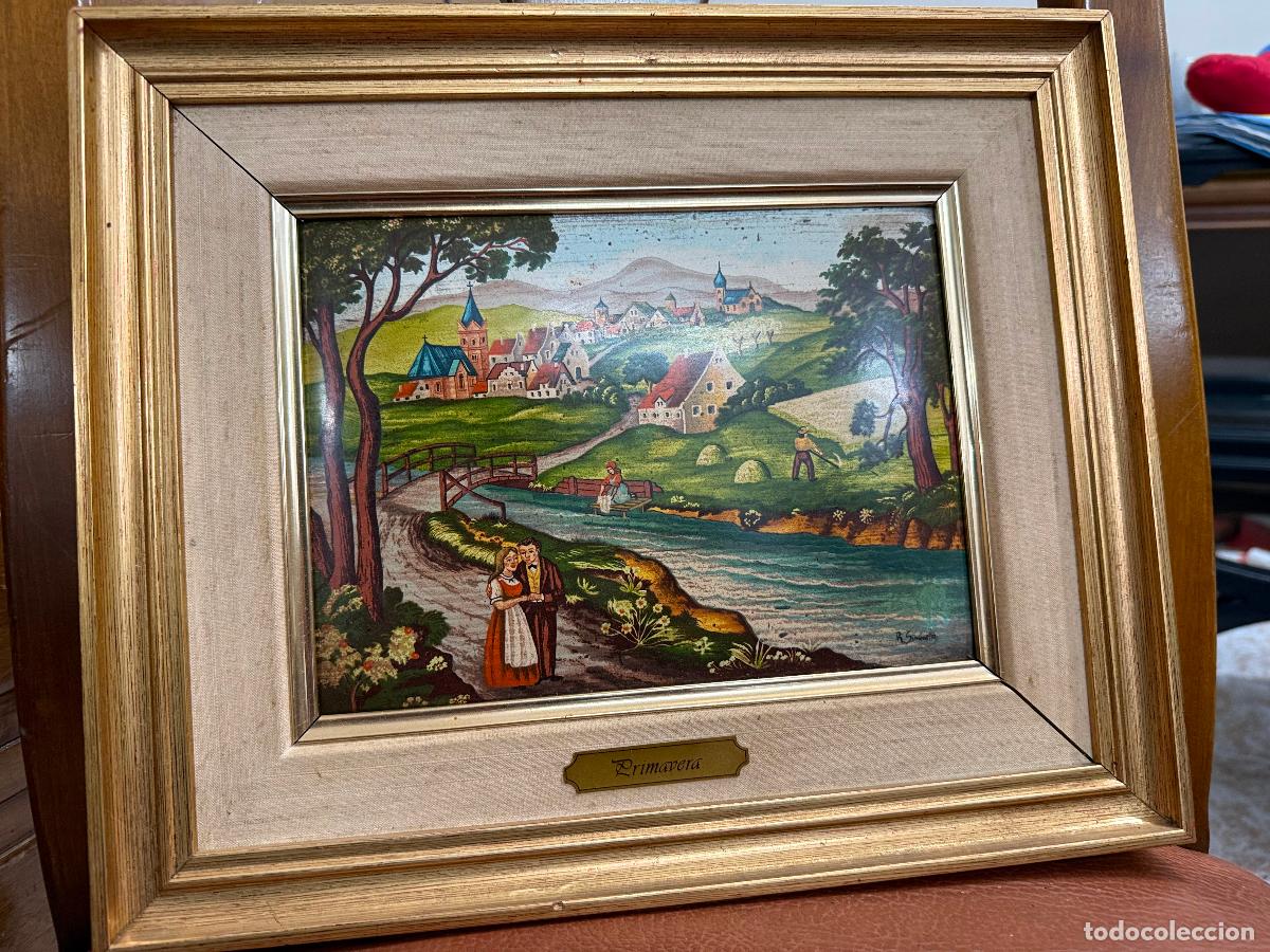 Otros Objetos de Arte: Encantador y na&iuml;f cuadro en metal esmaltado. Dirma R.Simonetto. Paisaje Primavera. 34x28cms total