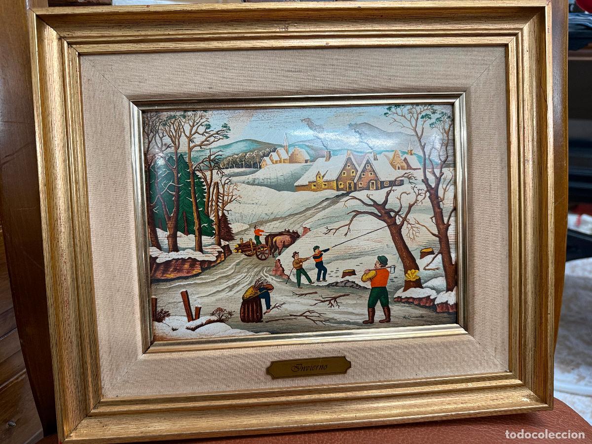 Otros Objetos de Arte: Encantador y na&iuml;f cuadro en metal esmaltado. Firma R.Simonetto. Paisaje invierno. 34x28cms total
