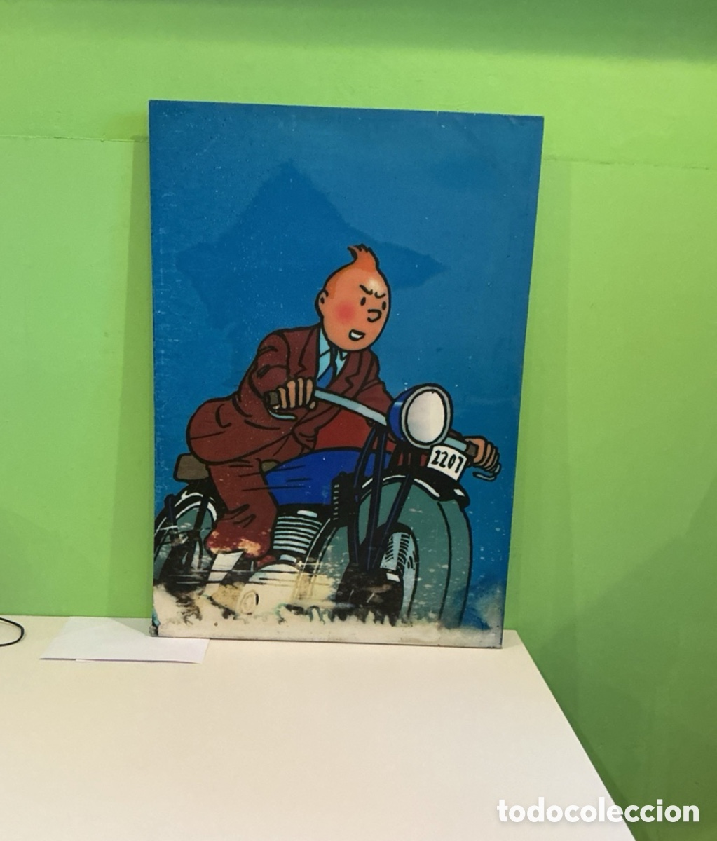 Otros Objetos de Arte: Tint&iacute;n en Motocicleta Gran Formato Sobre Lienzo Pop Art C&oacute;mic B&eacute;lgica A&ntilde;os 1980- 2000 100x70 cm