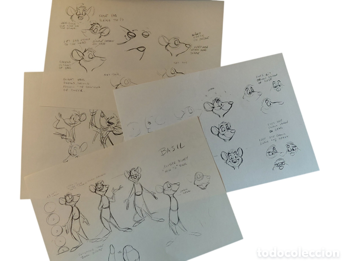 Otros Objetos de Arte: Lote 4 l&aacute;minas/copias Disney Basil Rat&oacute;n Superdetective
