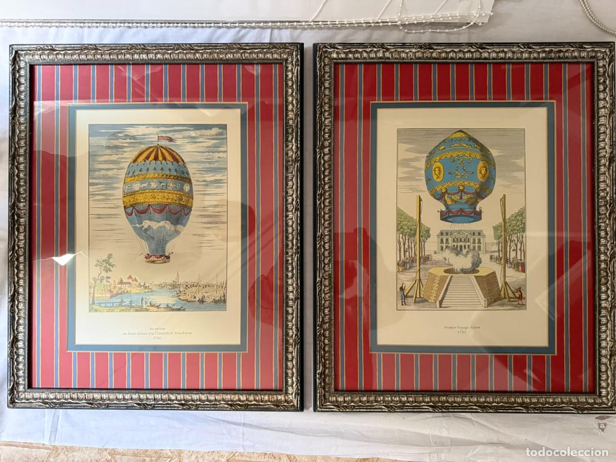 Otros Objetos de Arte: Pareja de l&aacute;minas representando globos aerost&aacute;ticos antiguos