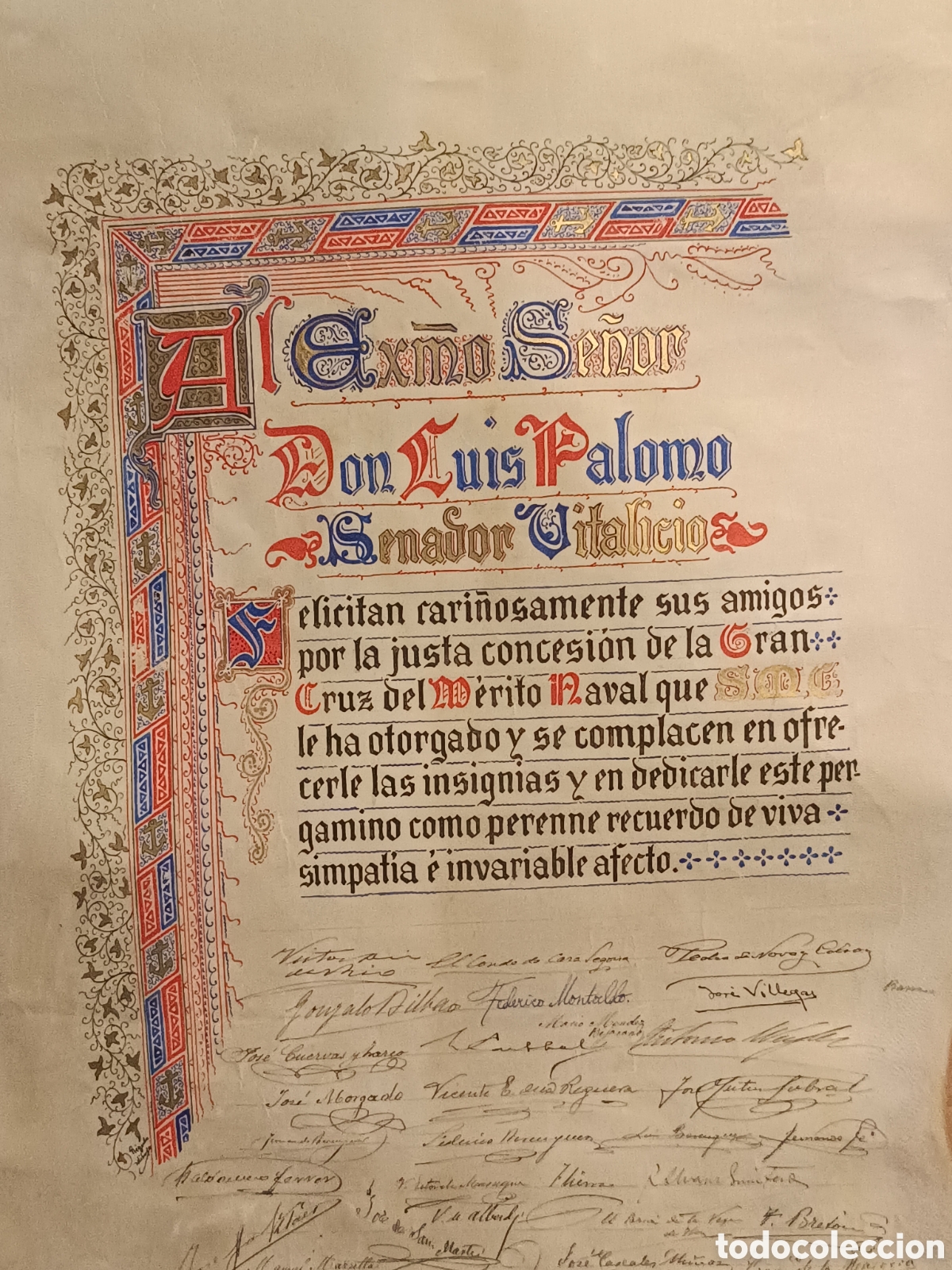 Otros Objetos de Arte: PERGAMINO ILUMINADO CA. 1915 GRAN CRUZ NAVAL FIRMAS DE TOM&Aacute;S BRET&Oacute;N, GONZALO BILBAO, Y 40 M&Aacute;S.