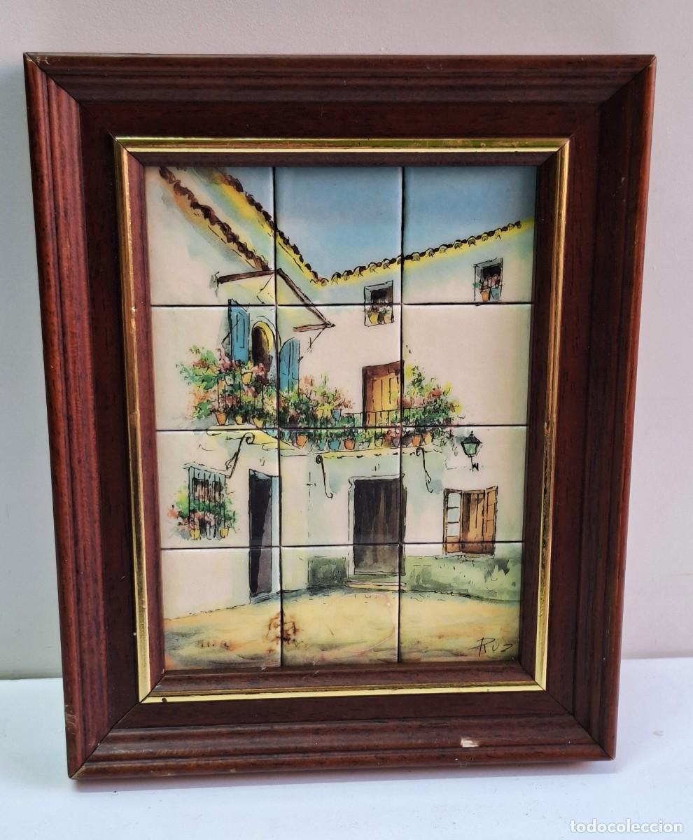 Otros Objetos de Arte: Azulejo pintado vintage firmado RUZ arte Torremolinos hecho en Espa&ntilde;a enmarcado 16x19 cm