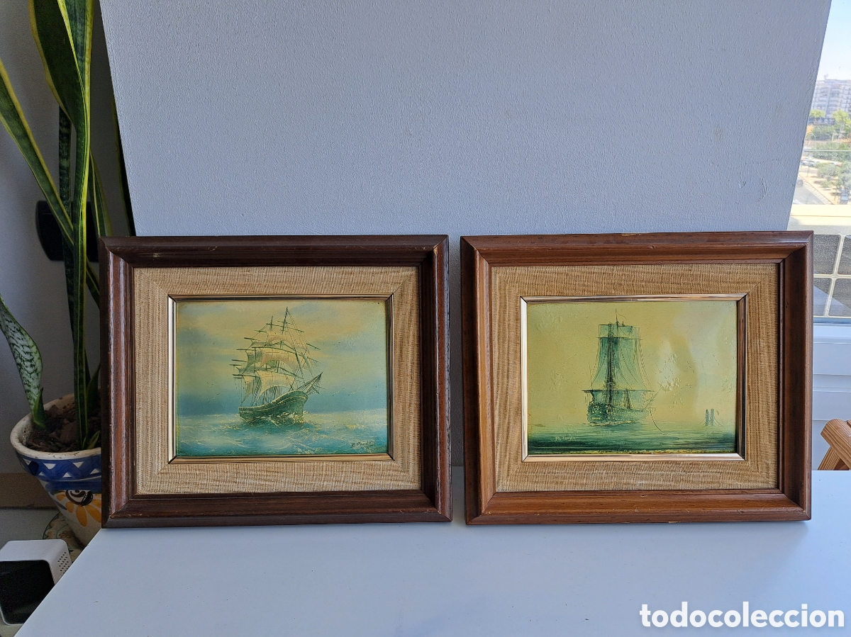 Otros Objetos de Arte: Pareja de cuadros vintage Marinas surrealistas en relieve sobre l&aacute;mina met&aacute;lica.