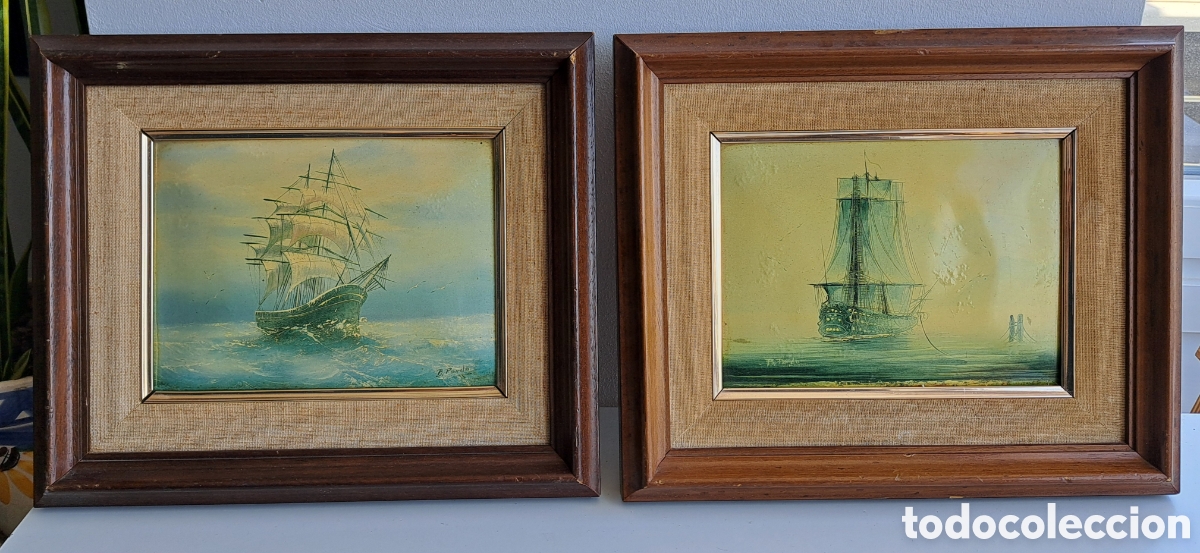 Andere Kunstgegenst&auml;nde: Pareja de cuadros vintage Marinas surrealistas en relieve sobre l&aacute;mina met&aacute;lica.
