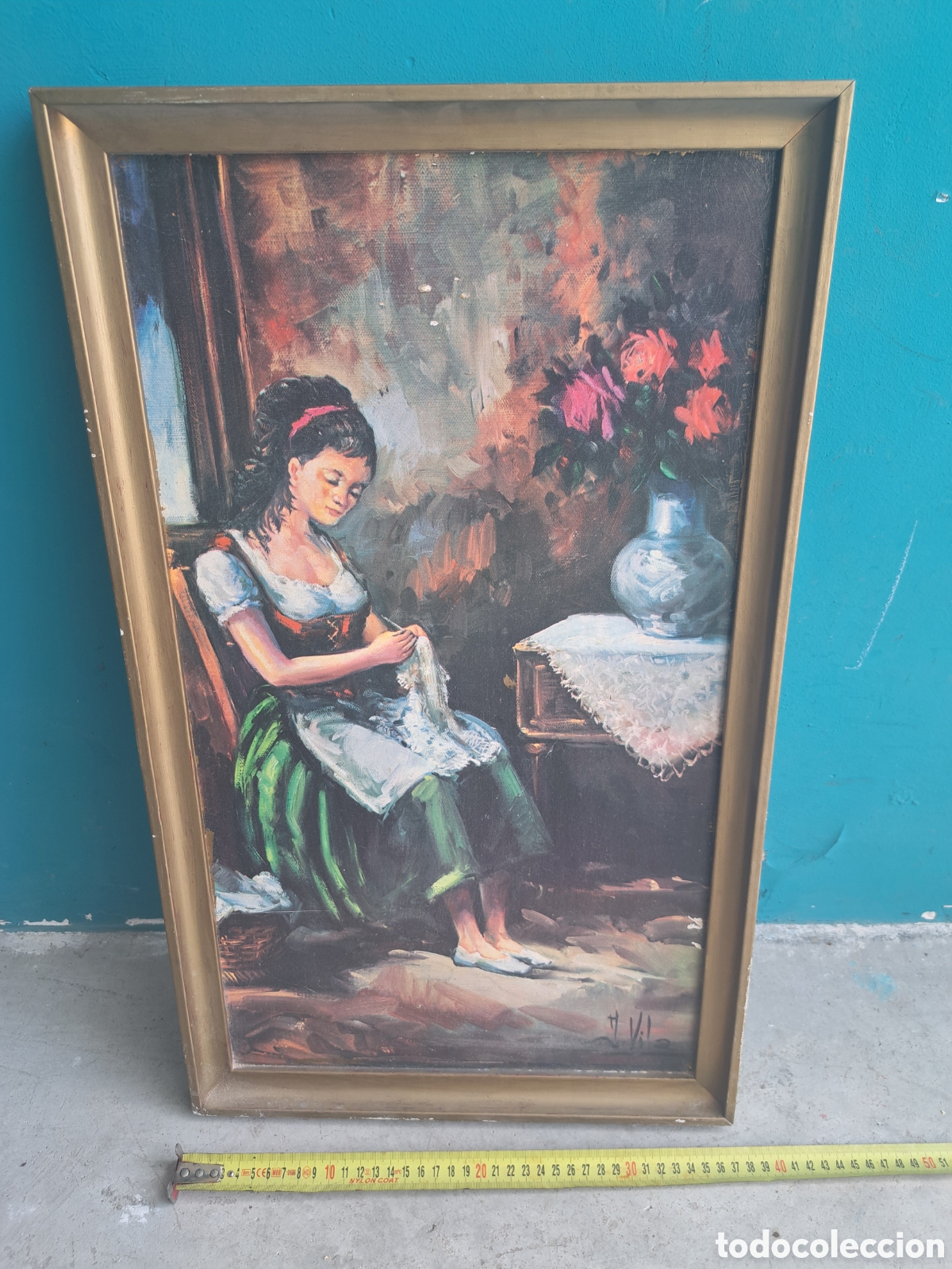 Otros Objetos de Arte: Jml Cuadro impreso en tabla mujer sus labores enmarcado