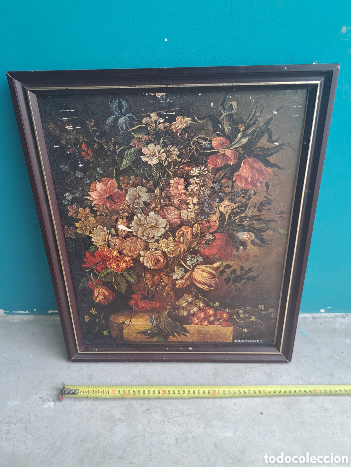Otros Objetos de Arte: Jml Cuadro enmarcado bodeg&oacute;n con flores impreso en madera