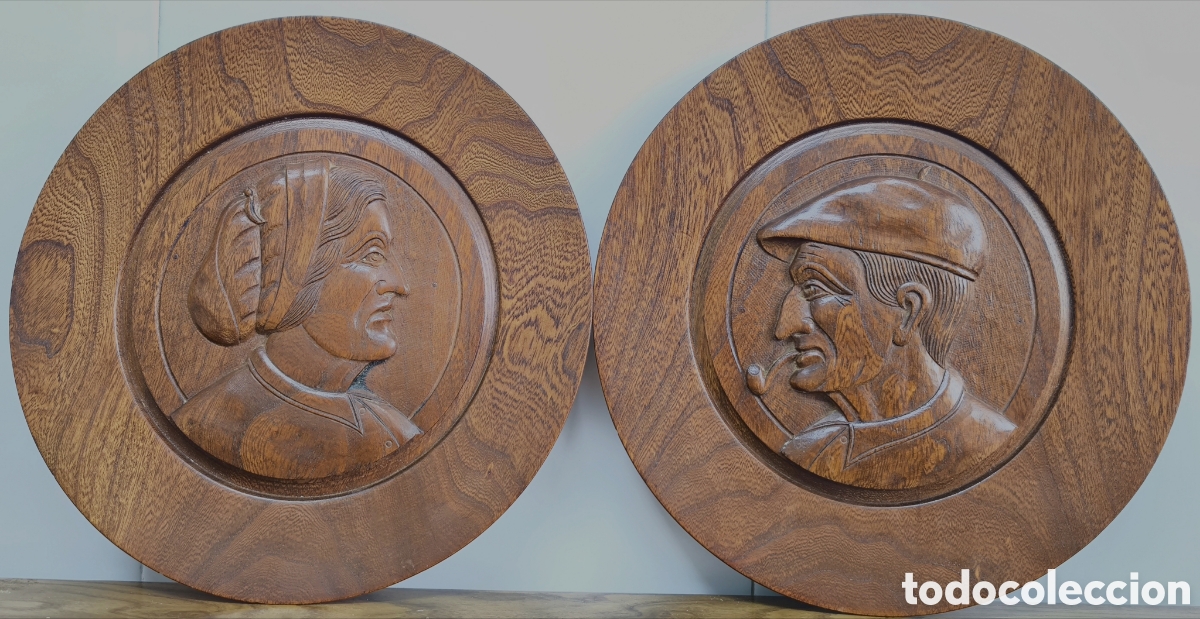 Otros objetos de arte: 2 GRANDES PLATOS VASCOS 30cm. ROBLE