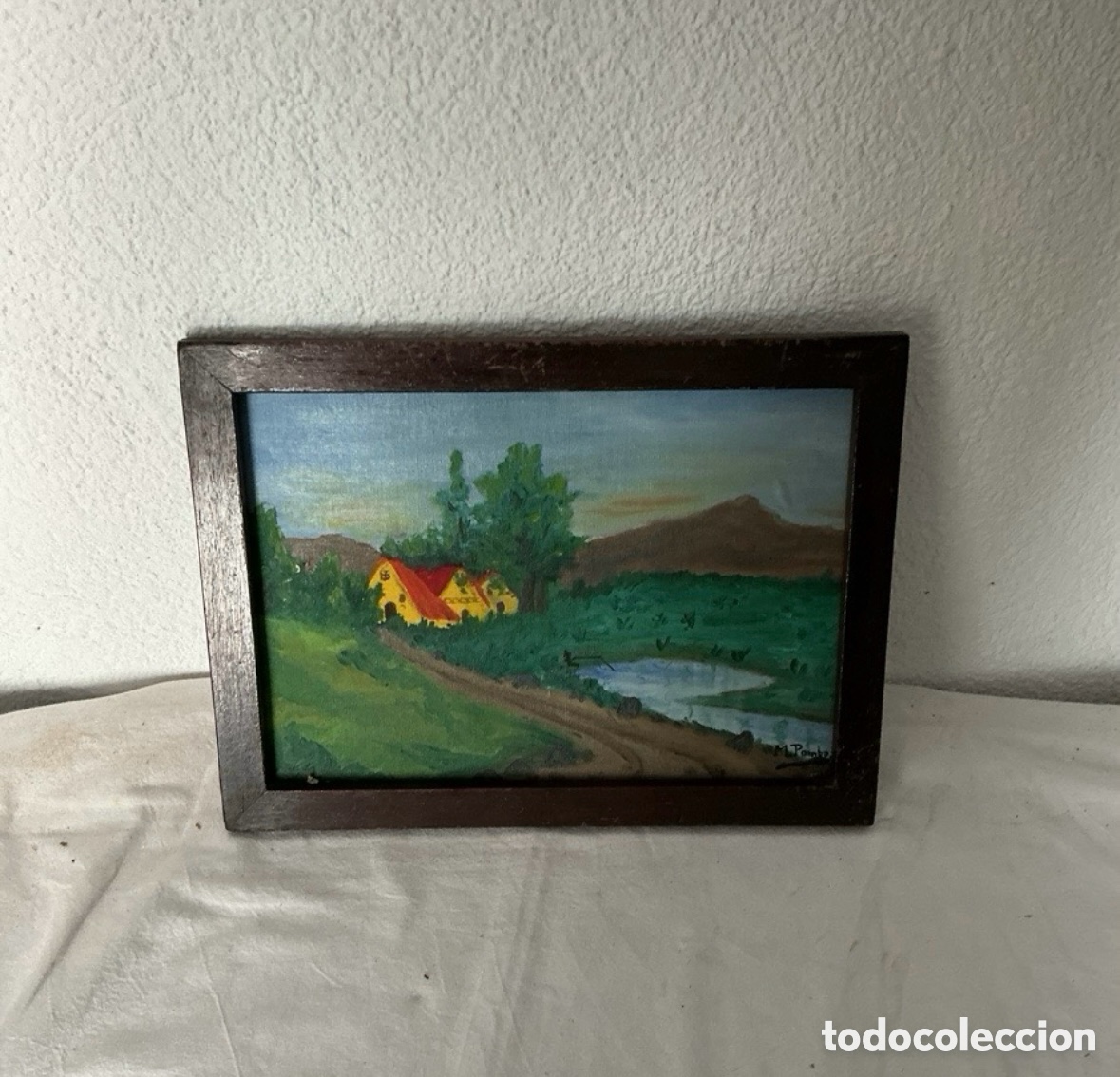 Otros objetos de arte: &Oacute;leo sobre lienzo paisaje rural firmado M Pambo casa campo enmarcado