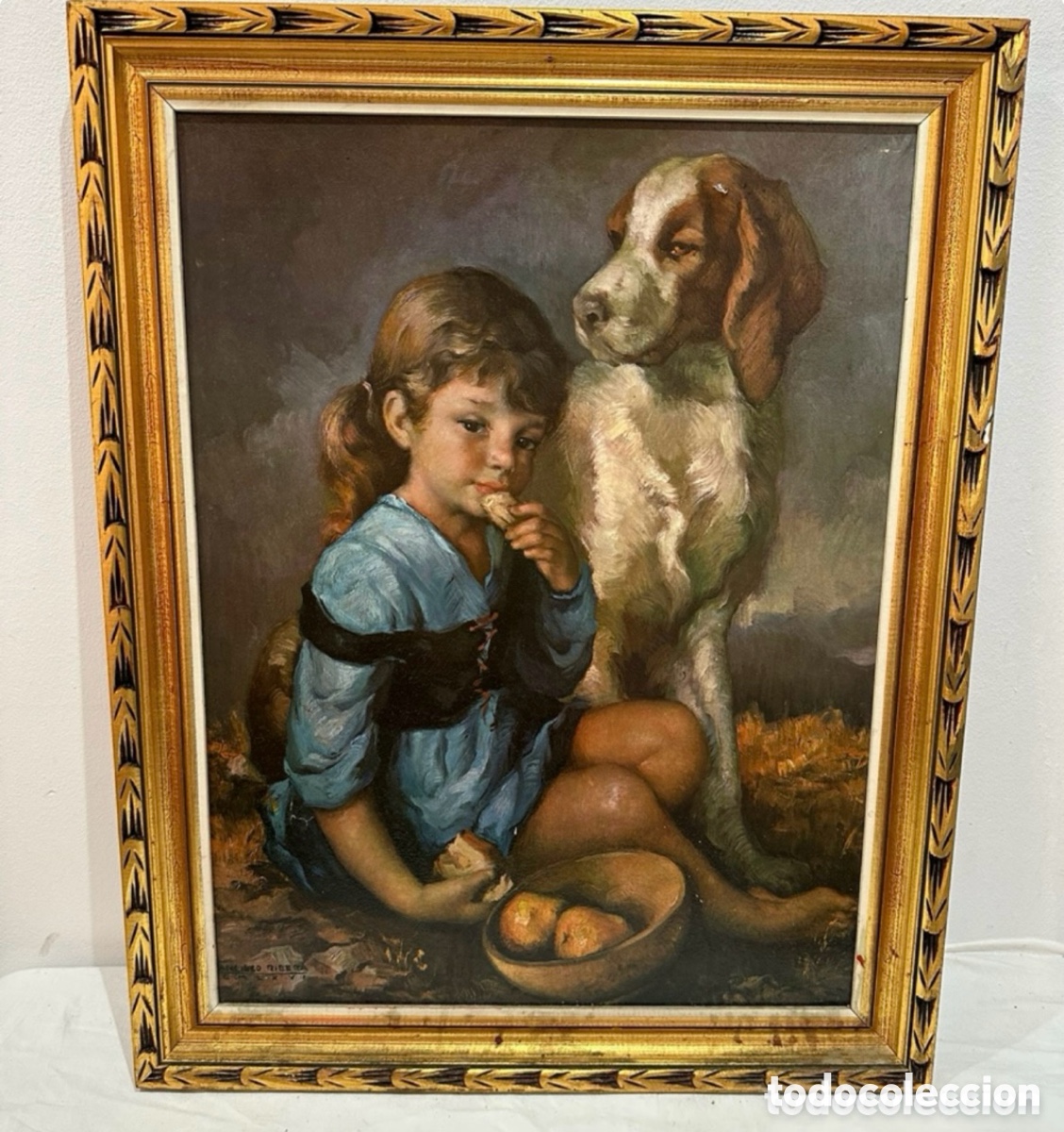 Andere Kunstgegenst&auml;nde: Cuadro copia Francisco Rivera ni&ntilde;a con perro a&ntilde;os 50