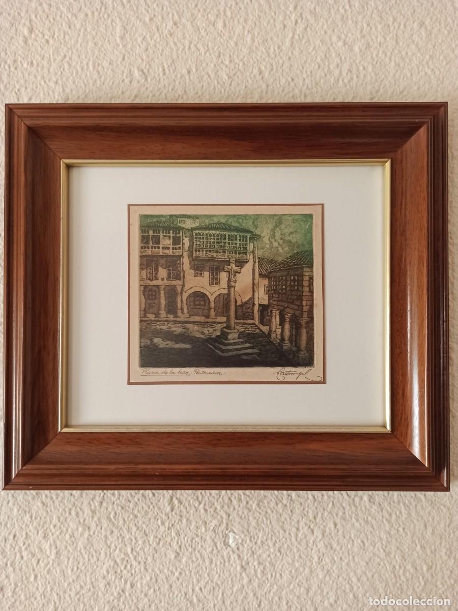 Otros objetos de arte: PLAZA DE LA LE&Ntilde;A PONTEVEDRA AGUAFUERTE CASTRO GIL MEDIDAS PINTURA 17 X 16 MARCO 34 X 39 CENTIMETROS