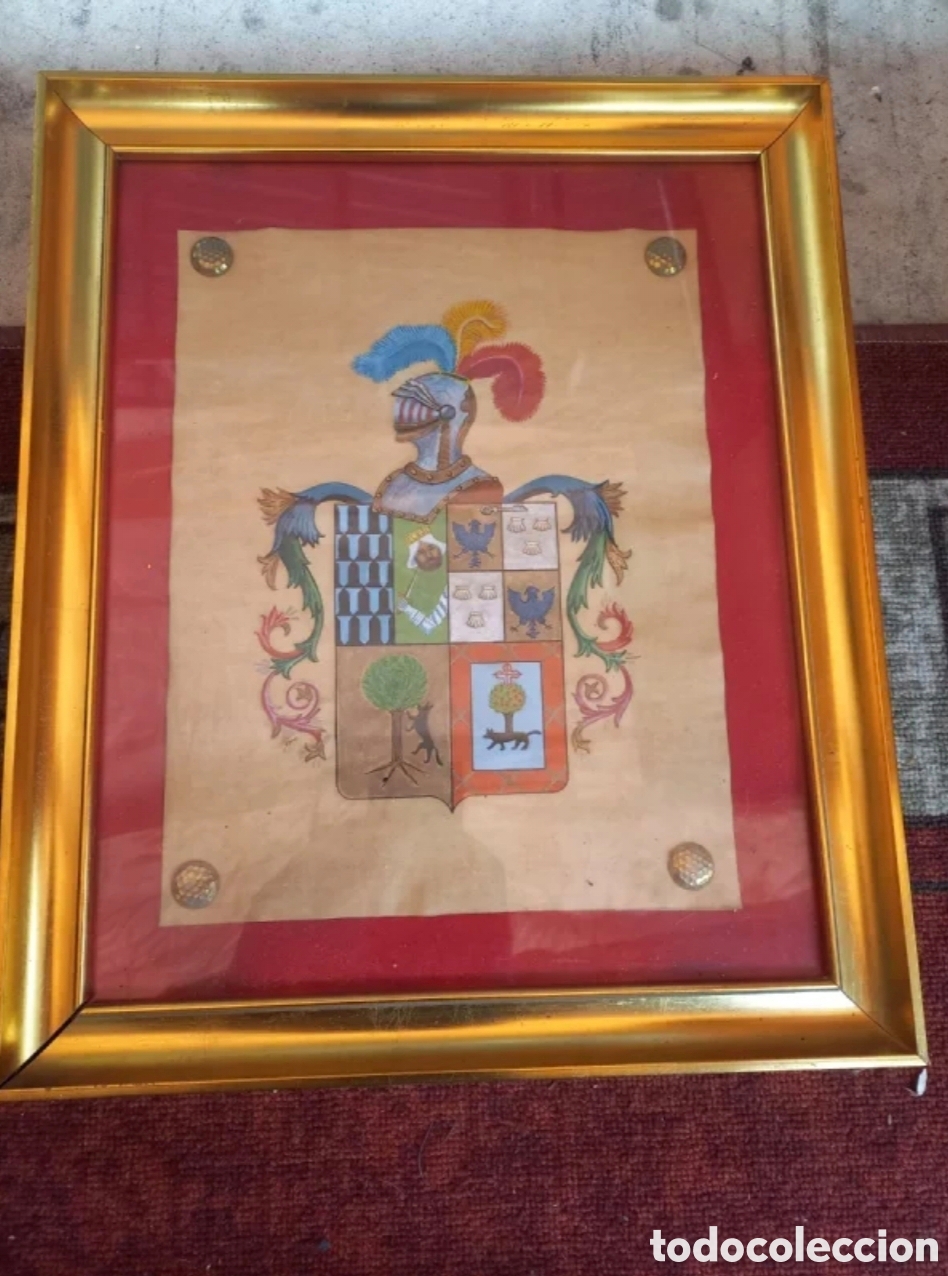 Otros objetos de arte: Antiguo Escudo Her&aacute;ldico Cuartelado Pintado a Mano - Enmarcado Siglo XIX - 37x45 cm