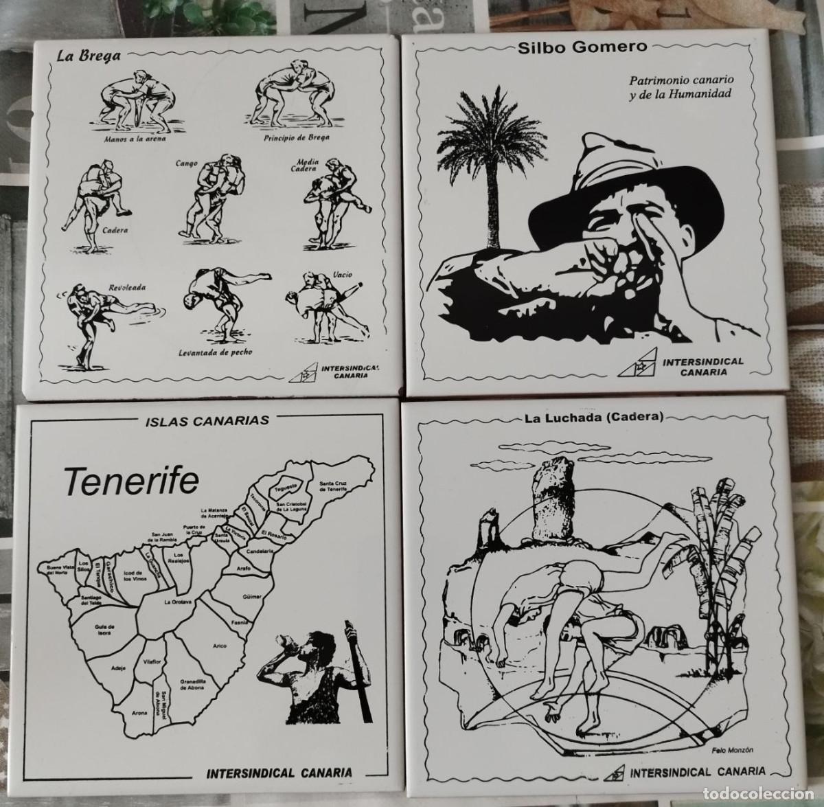 Otros objetos de arte: Lote de 4 azulejos tem&aacute;tica Guanche, Canarias, Silbo Gomero