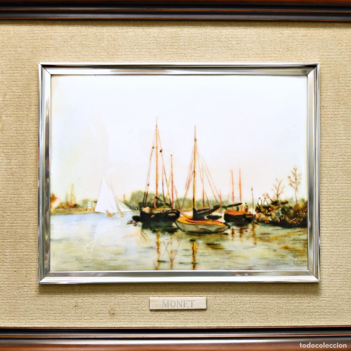 Otros objetos de arte: Cuadro en esmalte enmarcado con paisaje mar&iacute;timo - Reproducci&oacute;n Monet