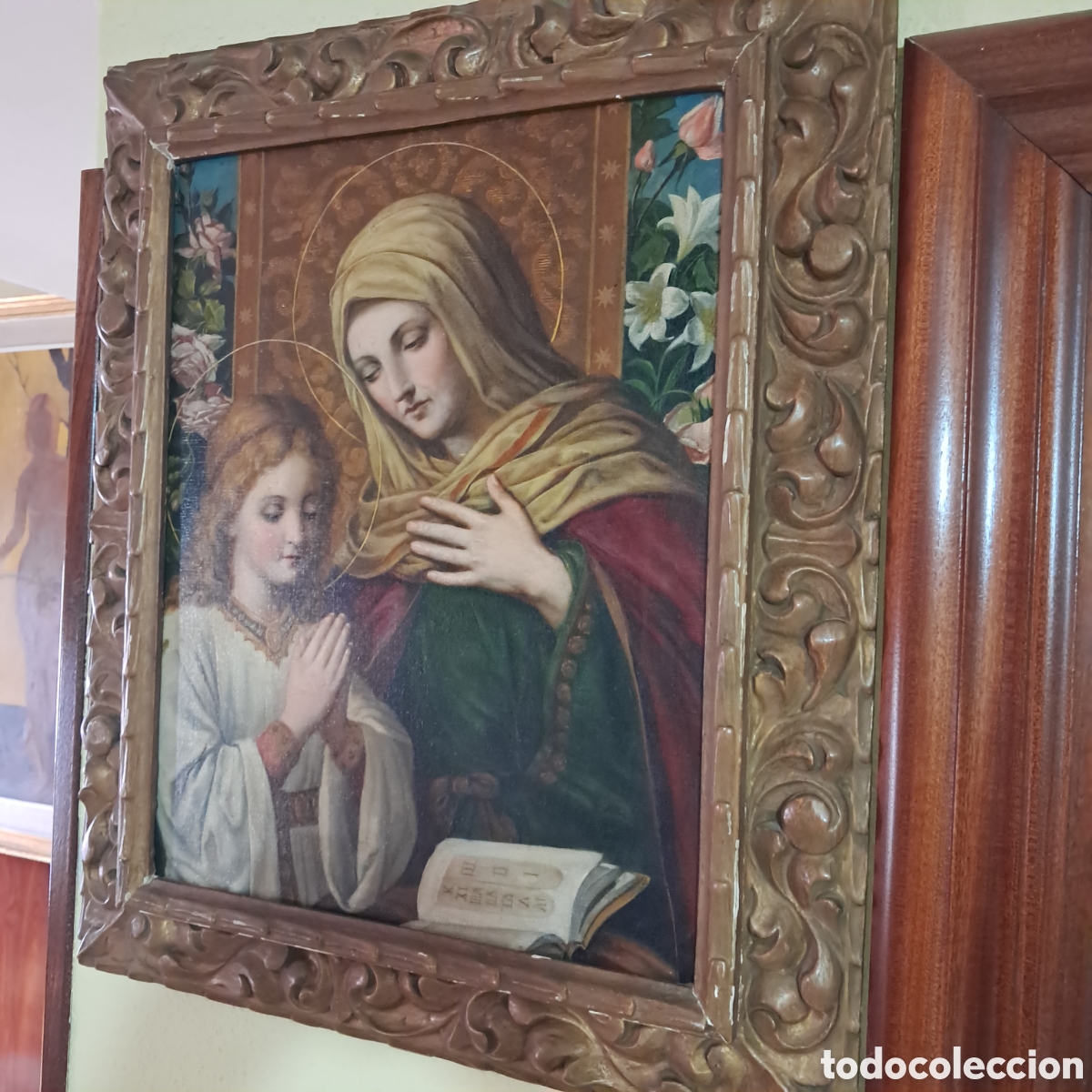 Otros objetos de arte: Oleo Santa Ana ense&ntilde;ando a leer a la Virgen, Gonzalo Carrasco Espinosa, enmarcado 50 x 60