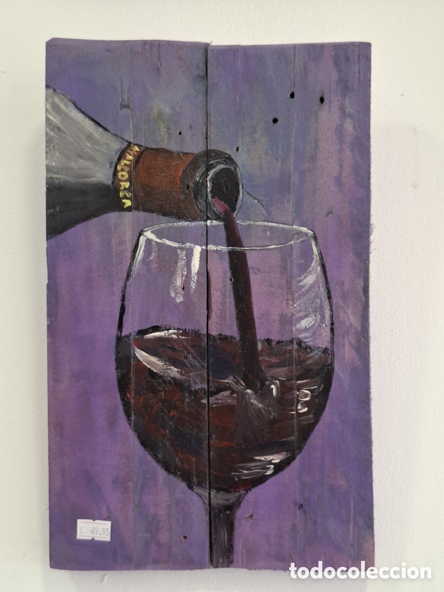 Otros objetos de arte: Cuadro artesanal original: &rdquo;Copa de Vino Mallorca&rdquo; sobre madera r&uacute;stica