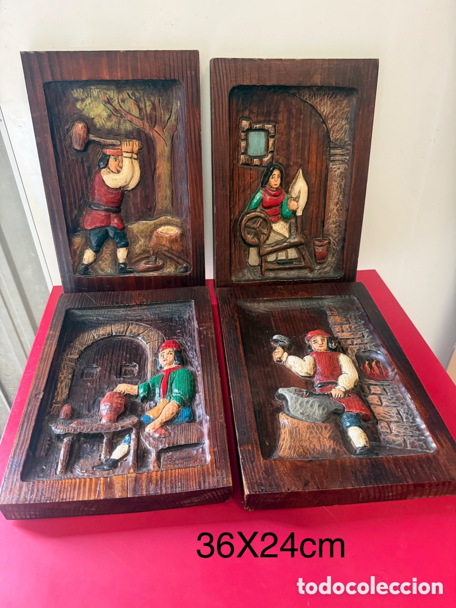 Otros objetos de arte: Conjunto 4 Cuadros Talla Madera Oficios - Foto 1