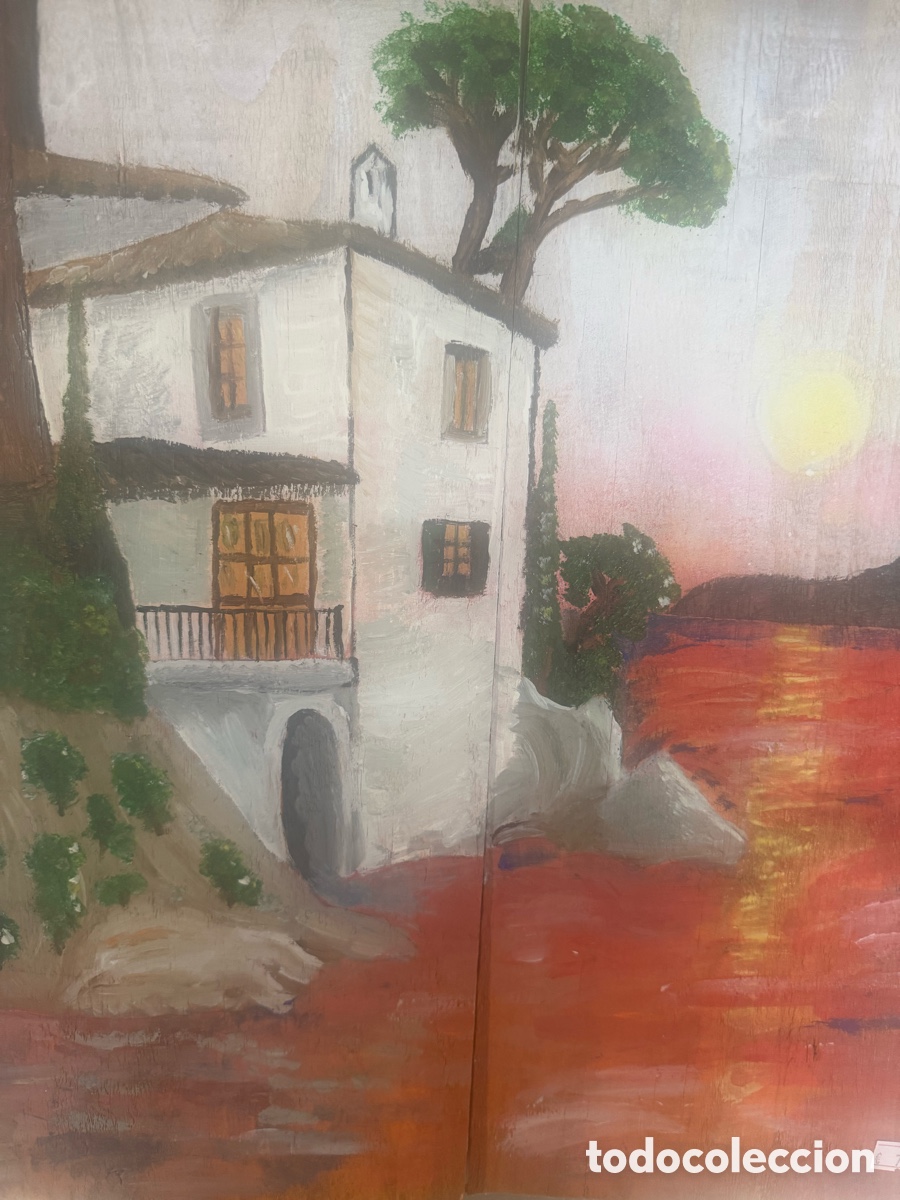 Otros objetos de arte: Paisaje Marino Pintado a Mano sobre Tabla de Madera Reciclada - Atardecer Costero Arty