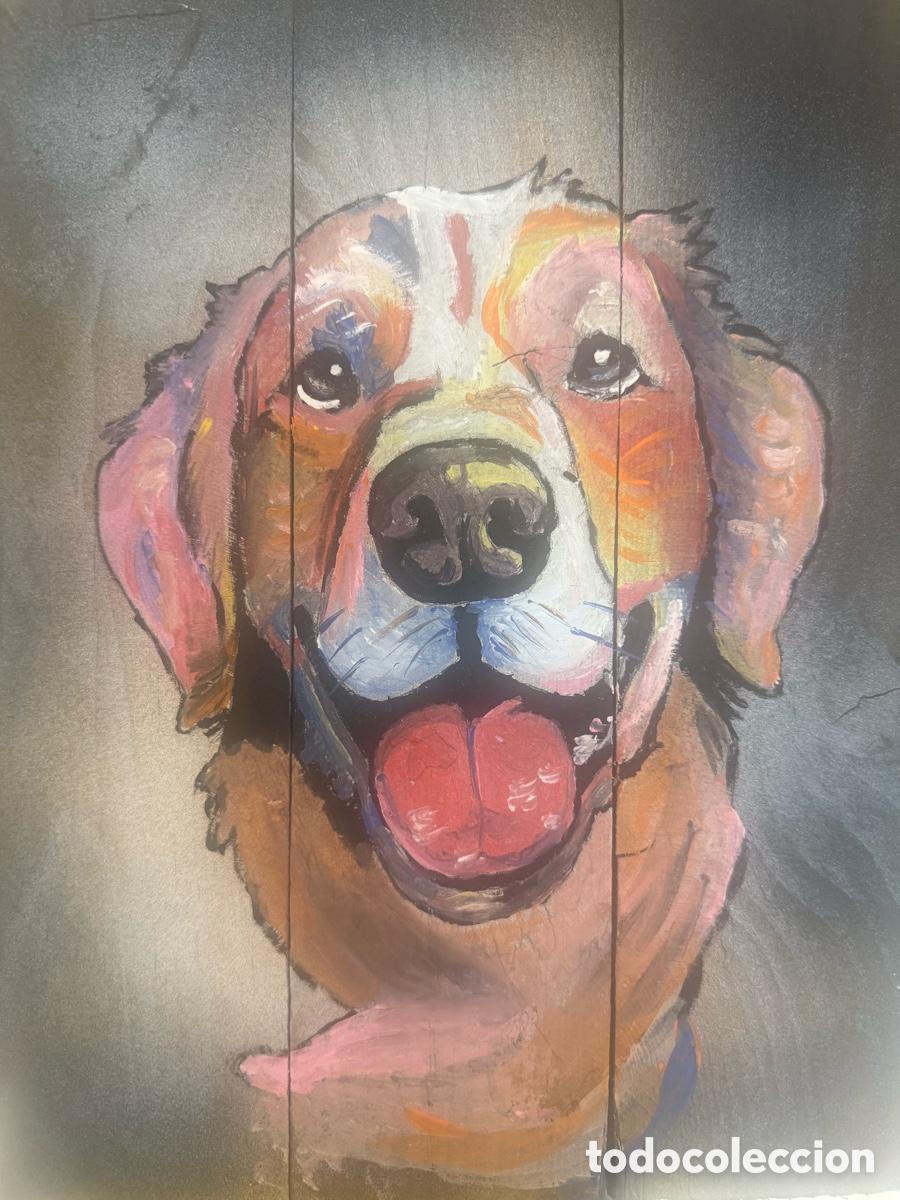 Otros objetos de arte: &rdquo;Cuadro Artesanal 'Golden Retriever Feliz' - Pintado a Mano sobre Madera Reciclada&rdquo;