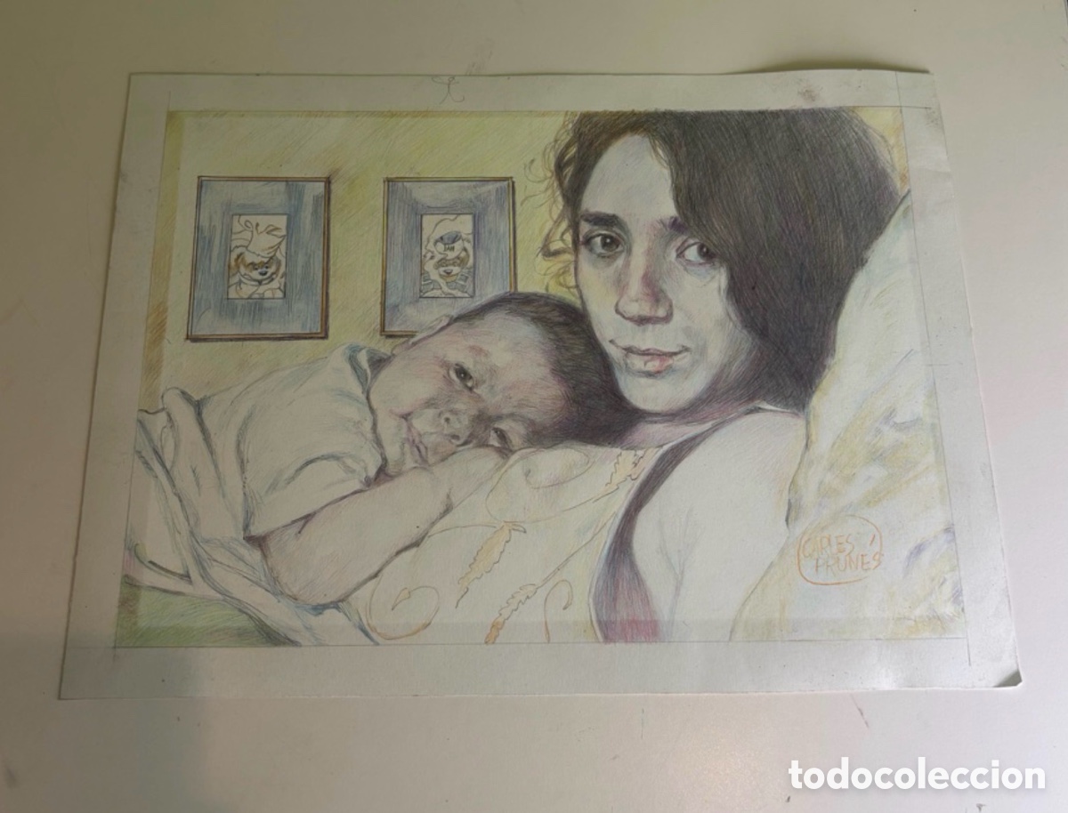 Otros objetos de arte: Carles Prun&eacute;s (1937-2017) &ndash; acuarela . Retrato de maternidad con reci&eacute;n nacido sobre papel