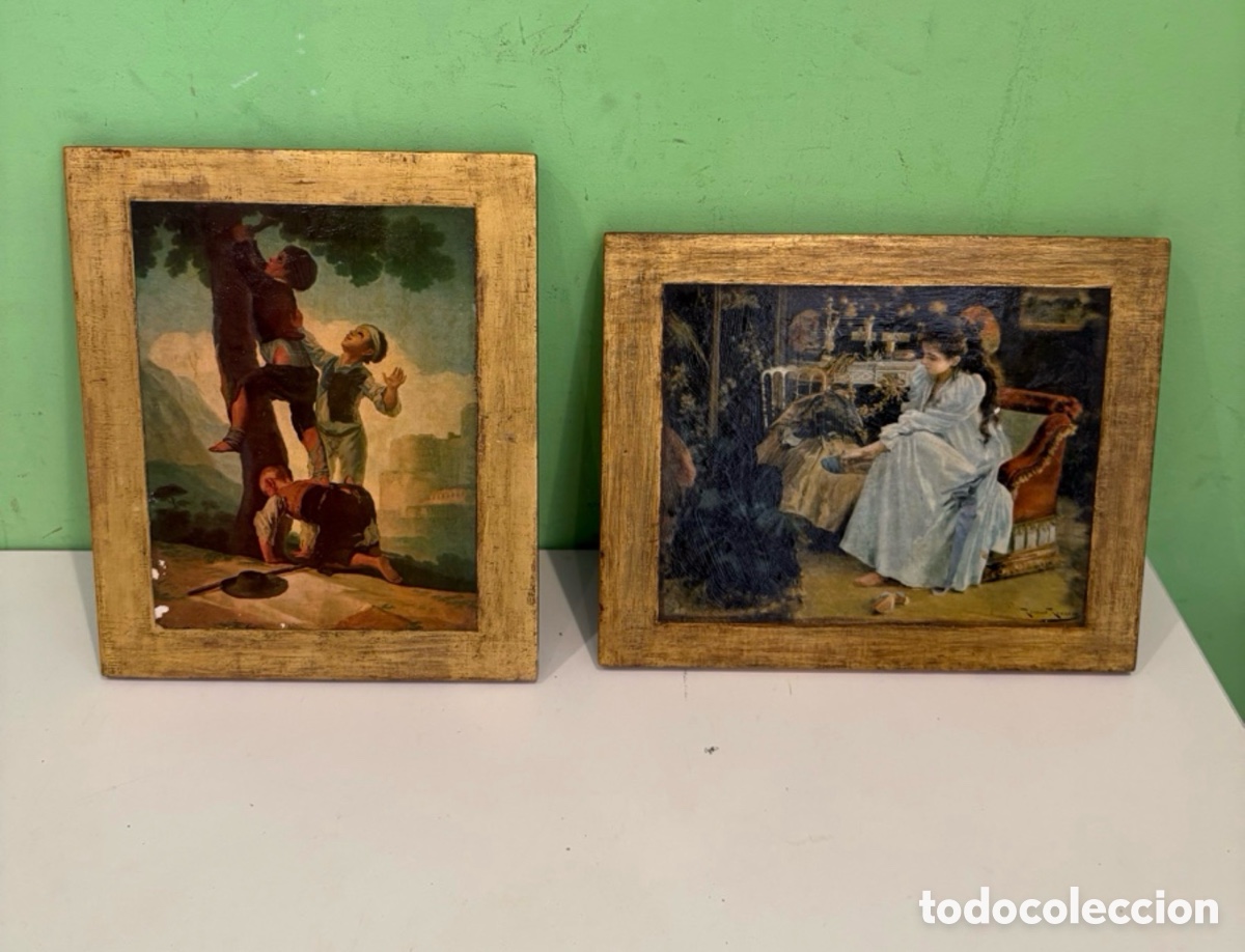 Arte: Pareja de cuadros decorativos con reproducciones cl&aacute;sicas y marcos dorados