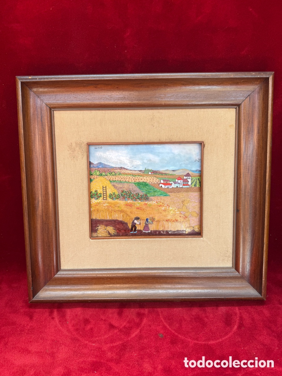 Otros objetos de arte: Antiguo cuadro esmalte a fuego,firmado Santillan