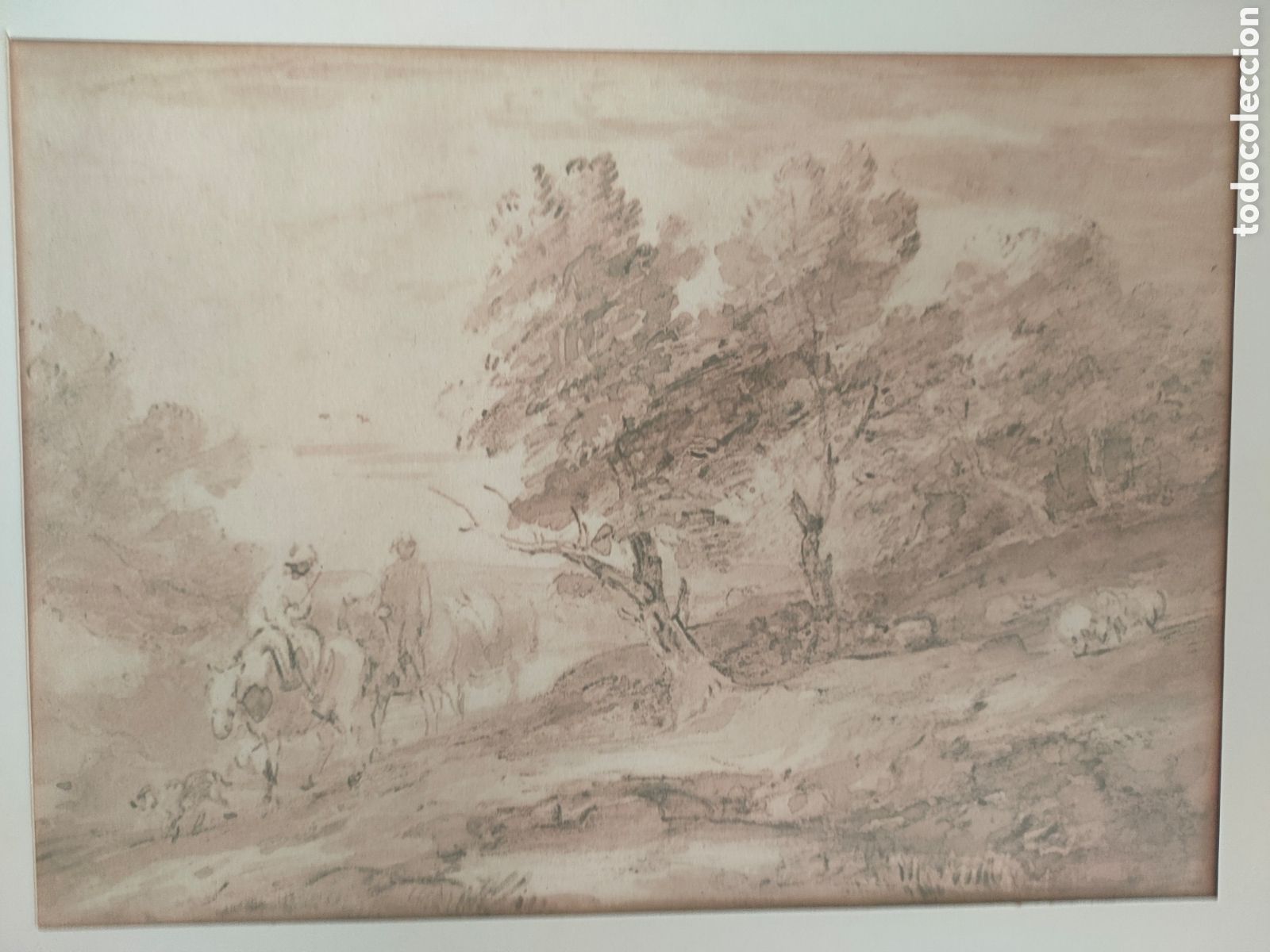 Otros objetos de arte: Reproducci&oacute;n de dibujo con etiqueta de la Sala Gaspar de Barcelona al dorso