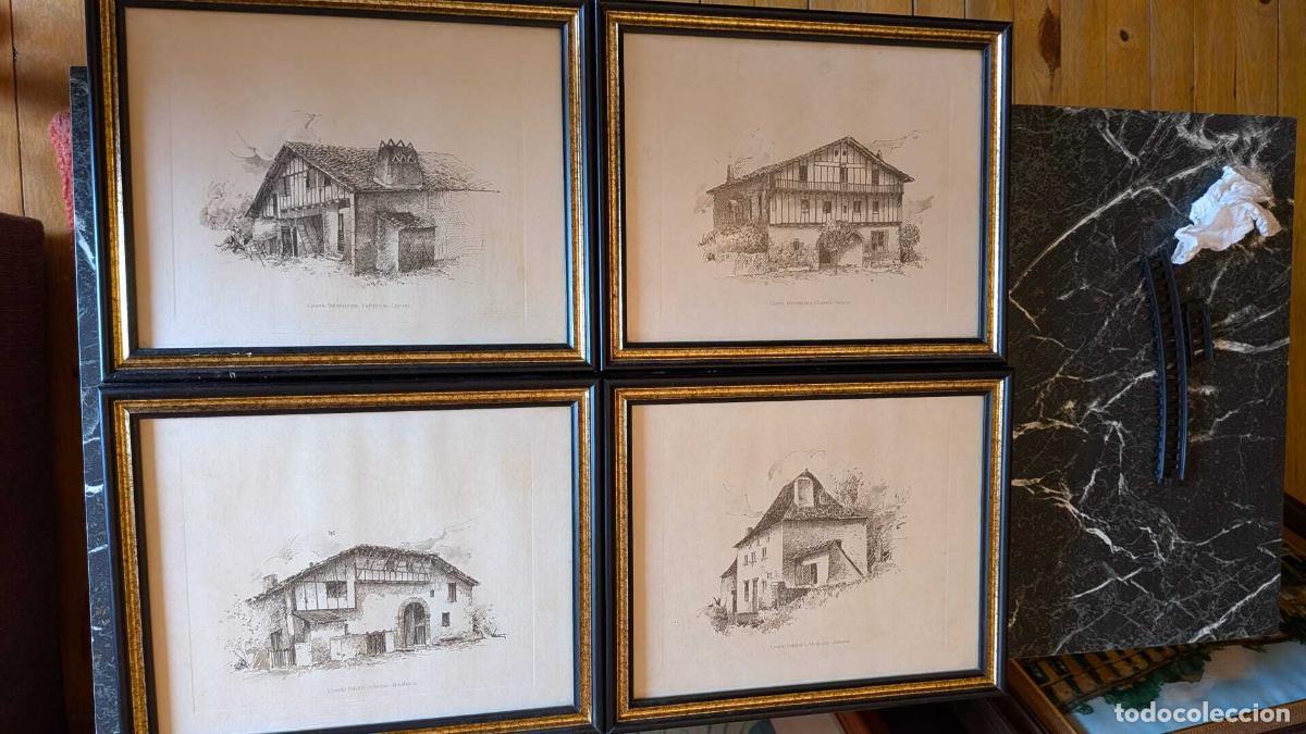 Otros objetos de arte: PRI-014: Lote de cuatro l&aacute;minas de caser&iacute;os tradicionales enmarcadas