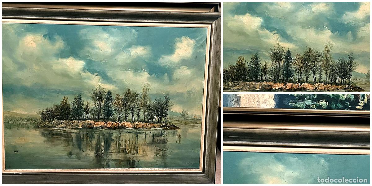 Otros objetos de arte: Cuadro decorativo de paisaje lacustre enmarcado