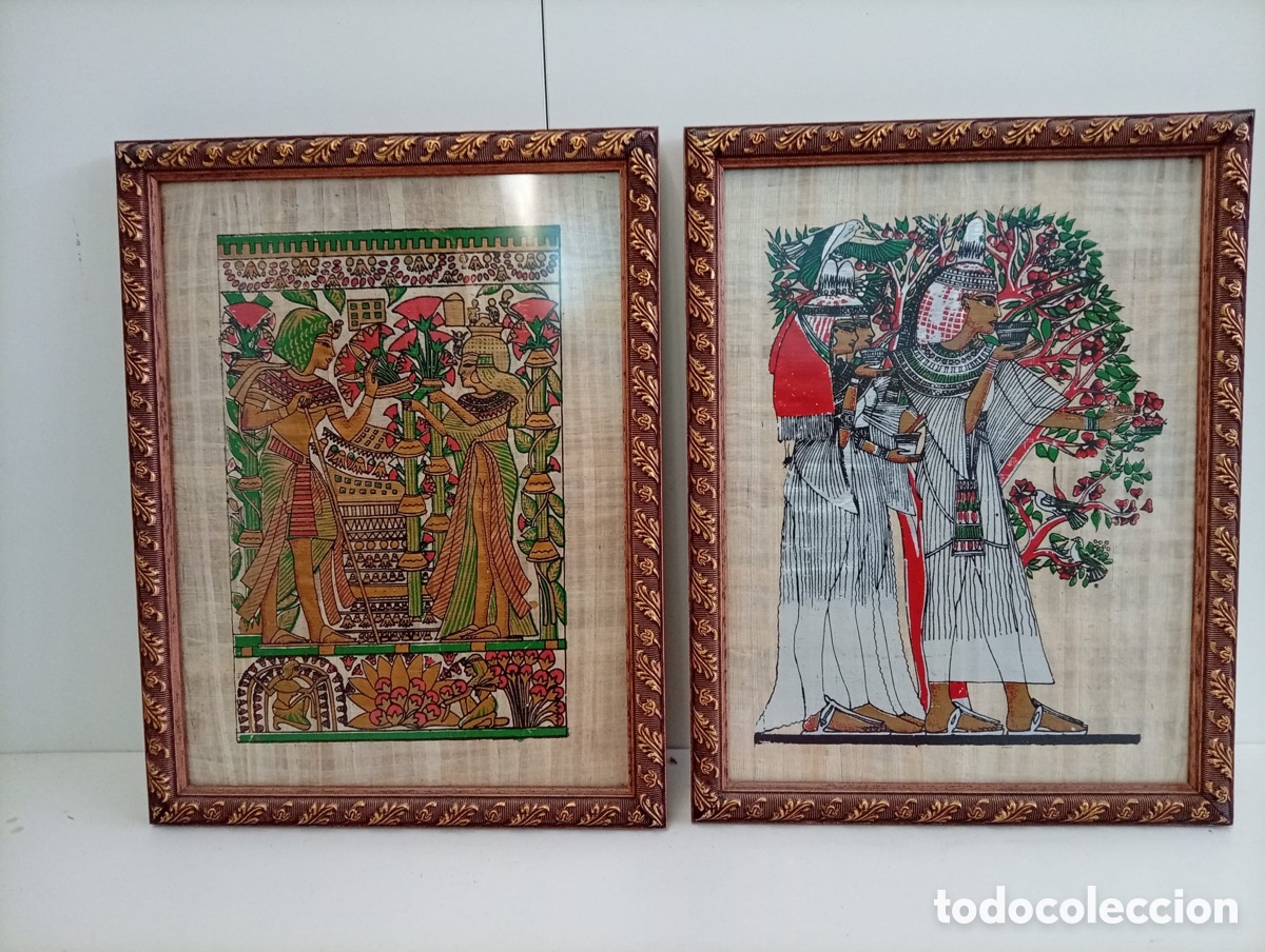 Otros objetos de arte: .DOS. CUADROS PAPIRO EGIPCIO CON MARCO DORADO.