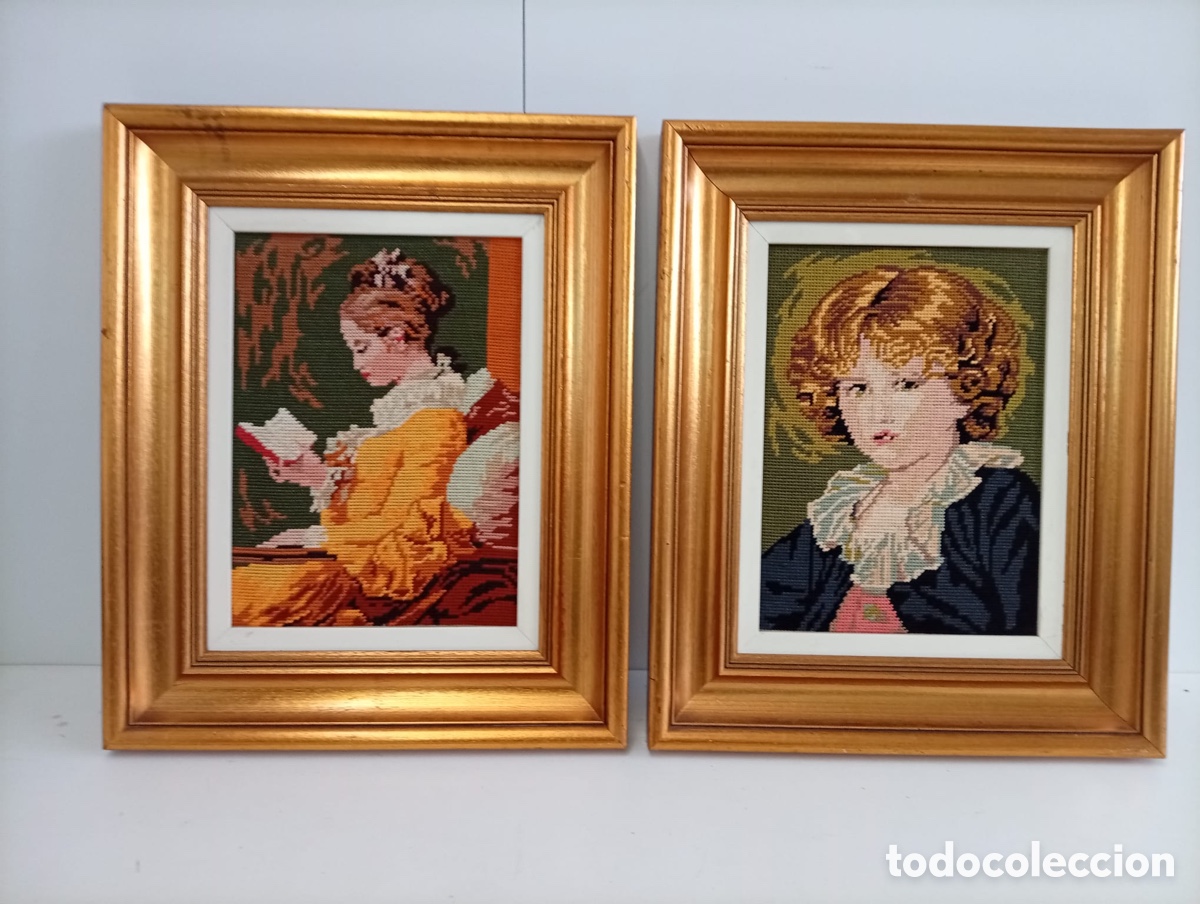 Otros objetos de arte: .DOS. CUADROS TAPIZ BORDADO CON MARCO DORADO.