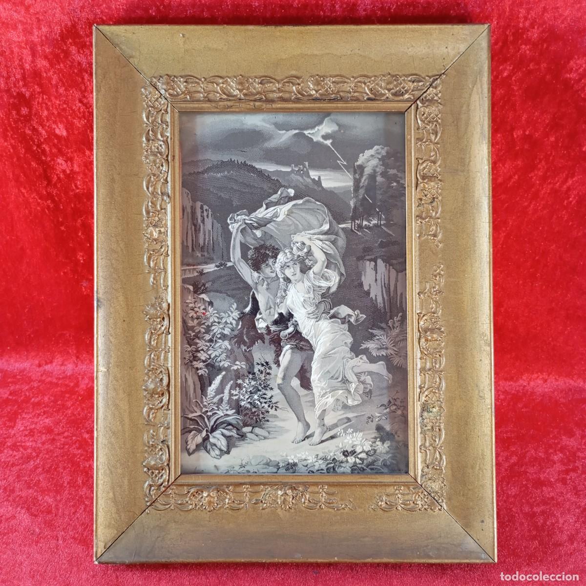 Otros objetos de arte: CUADRO TEJIDO EN SEDA - REPRODUCCI&Oacute;N &rdquo;LA TORMENTA&rdquo; - PIERRE-AUGUSTE COT - OBRA 27,5 X 18 CM