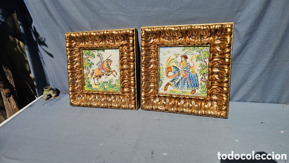 Otros objetos de arte: Preciosos azulejos grandes antiguos pintados a mano con bonitos marcos de madera