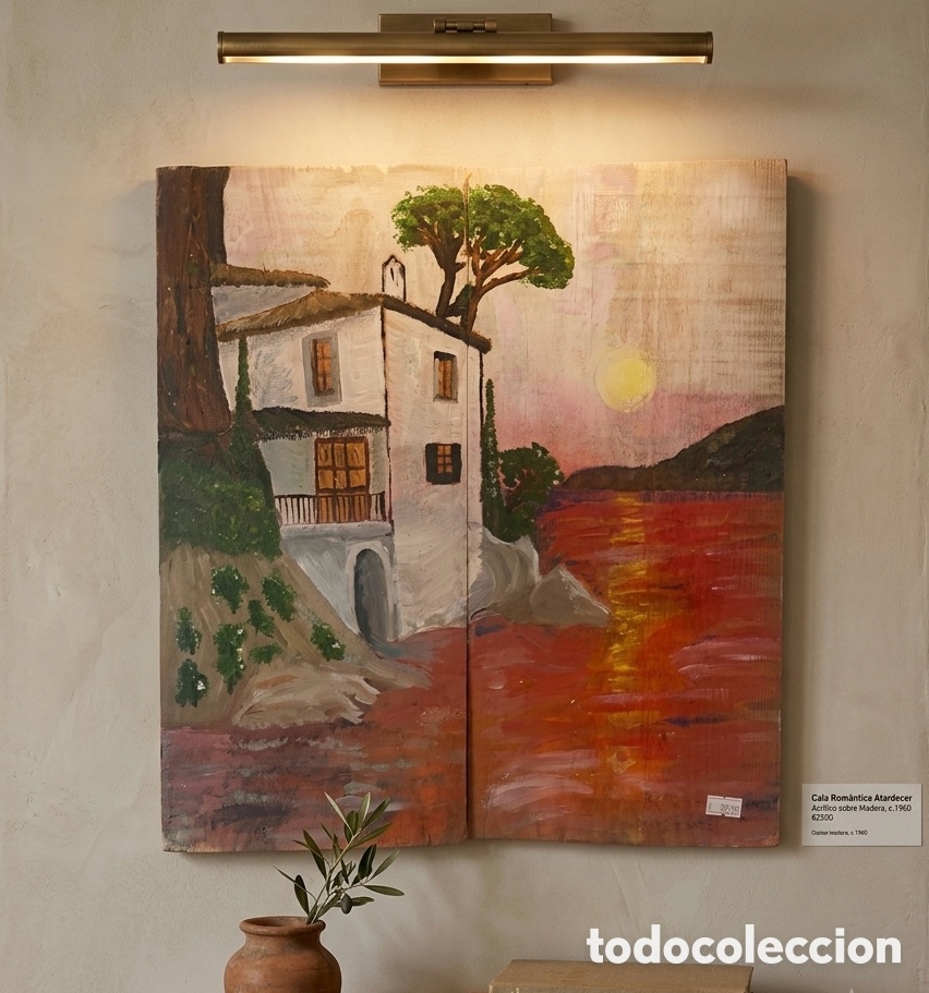 Andere Kunstgegenst&auml;nde: Paisaje Marino Pintado a Mano sobre Tabla de Madera Reciclada - Atardecer Costero Arty