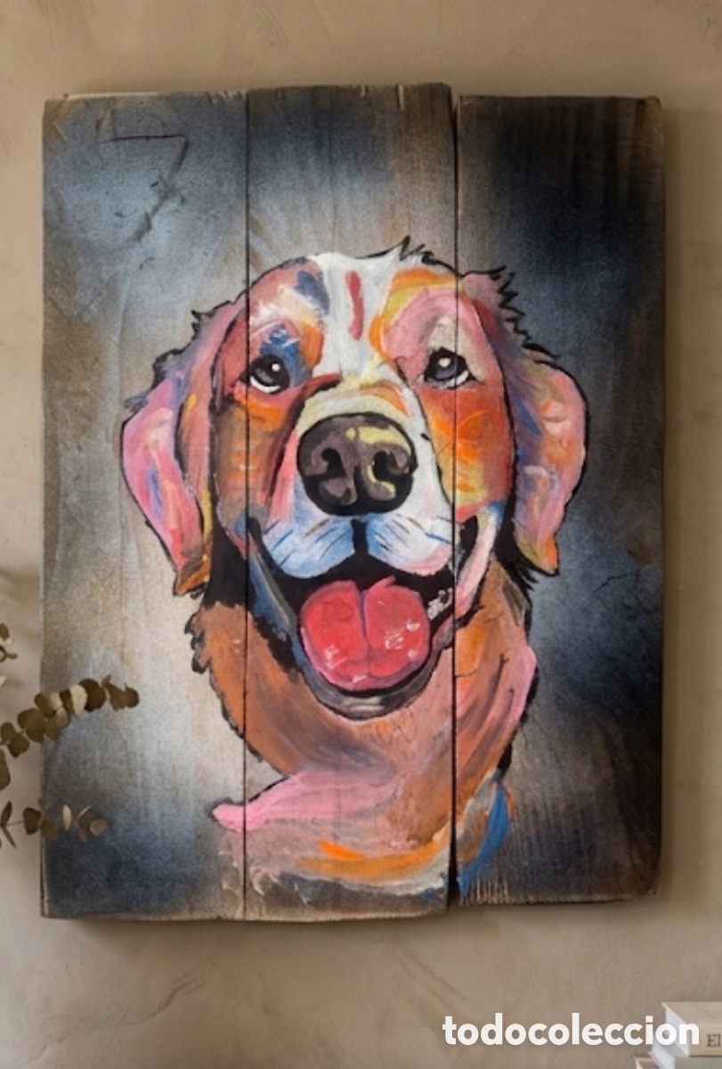 Andere Kunstgegenst&auml;nde: &rdquo;Cuadro Artesanal 'Golden Retriever Feliz' - Pintado a Mano sobre Madera Reciclada&rdquo;
