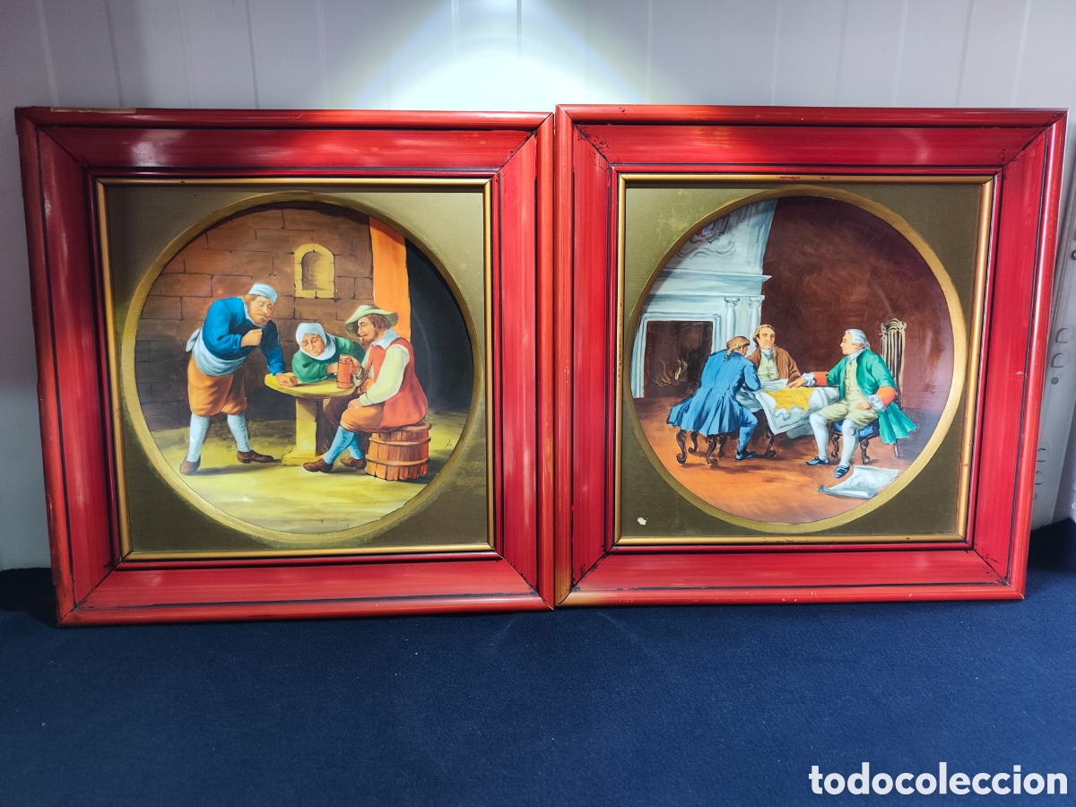 Otros objetos de arte: Pareja de Cuadros Decorativos con Platos de Porcelana Alem&aacute;n Royal Rick - Cenas de &Eacute;poca