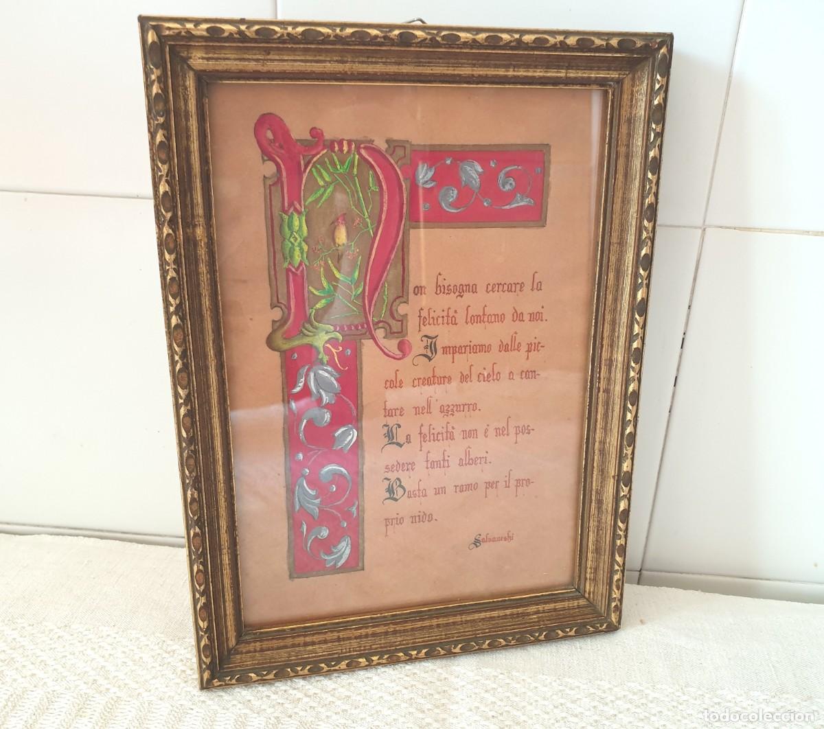 Otros objetos de arte: Cuadro antiguo enmarcado con manuscrito iluminado - decoraci&oacute;n de pared
