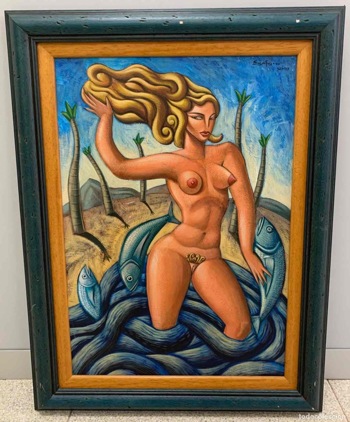 Otros objetos de arte: LAMINA CON BARNIZ TEXTURIZADO SOBRE TABLA DESNUDO FEMENINO CON PECES. BORJA GUIJARRO, 1997.