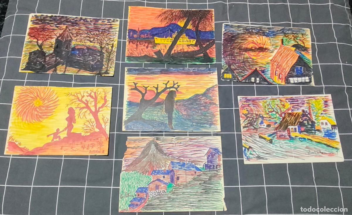 Art: LOTE DE 7 DIBUJOS ORIGINALES A ROTULADOR SOBRE FOLIOS DEL PINTOR ESTEBAN MART&Iacute;NEZ L&Oacute;PEZ (A&ntilde;os 70)