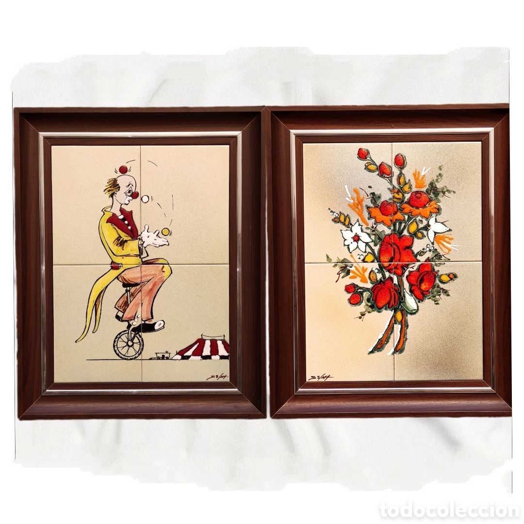 Otros objetos de arte: Lote 2 cuadros Vintage 4 Azulejos Cer&aacute;micos Pintados esmalte a mano - Firma SE/MA, Cersol-Castell&oacute;n