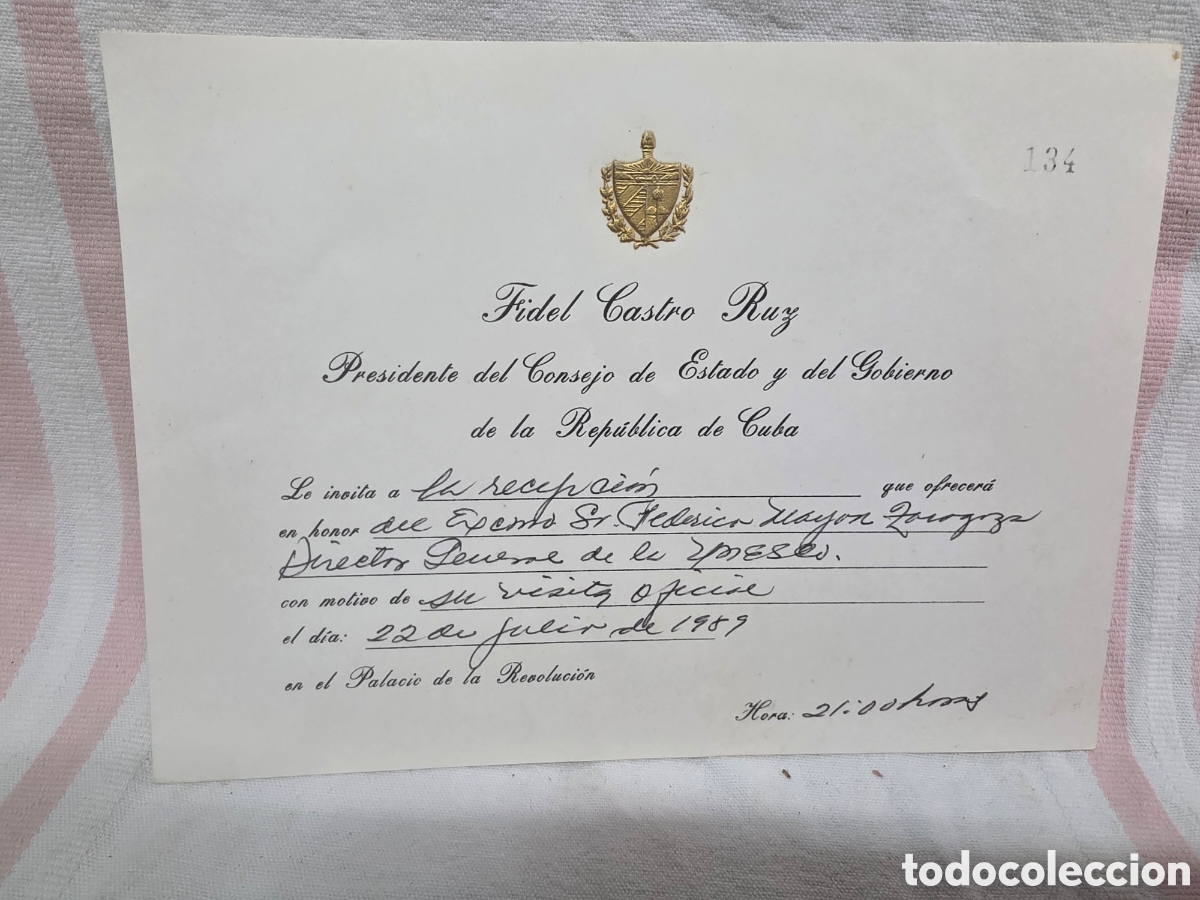 Otros objetos de arte: INVITACI&Oacute;N DE FIDEL A LA RECEPCI&Oacute;N DEL DIRECTOR GENERAL DE LA UNESCO EN CUBA
