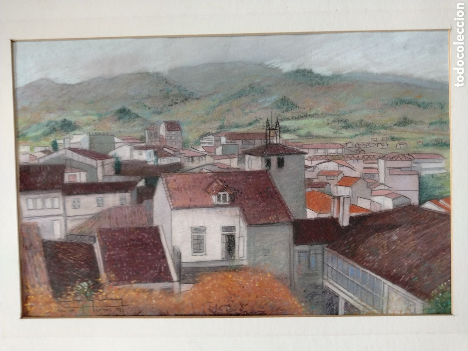Otros objetos de arte: Xavier Lemos. Paisaje con casas. 1983. Pastel.