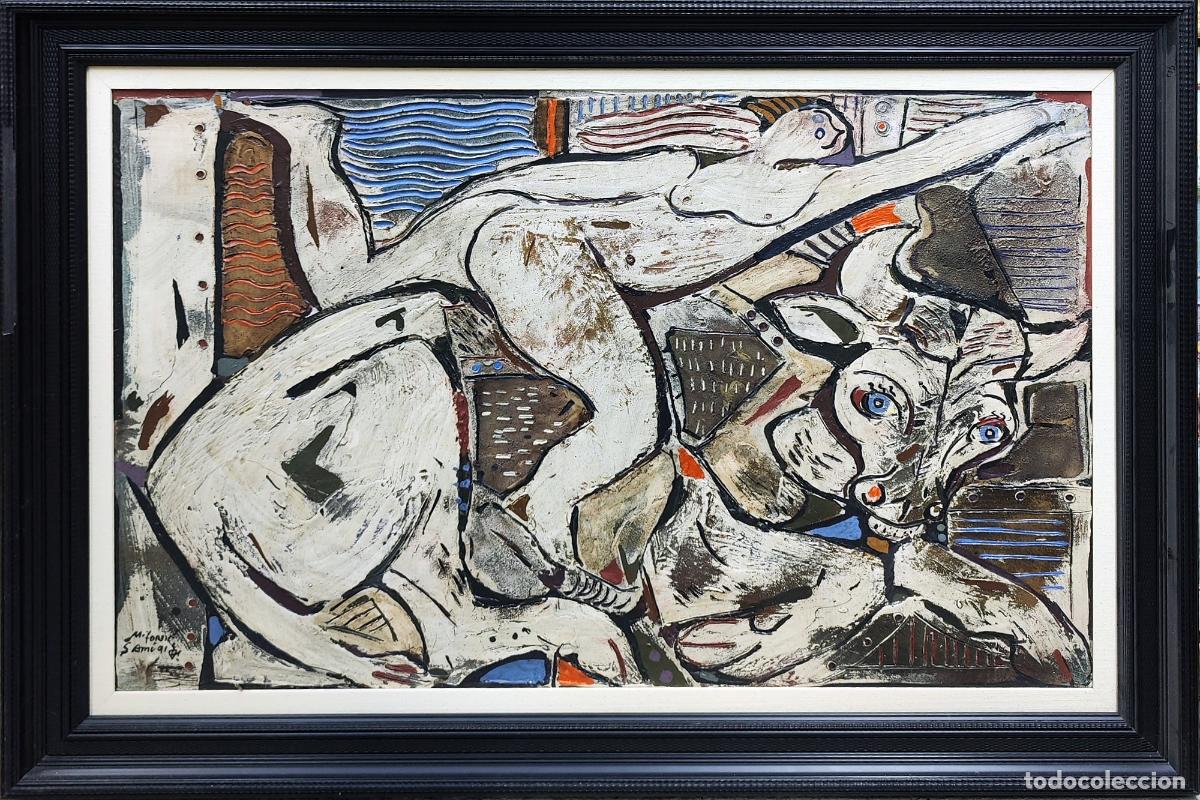 Otros objetos de arte: T&eacute;cnica mixta. Composici&oacute;n abstracta figurativa. Firmada. 96 x 64 cm