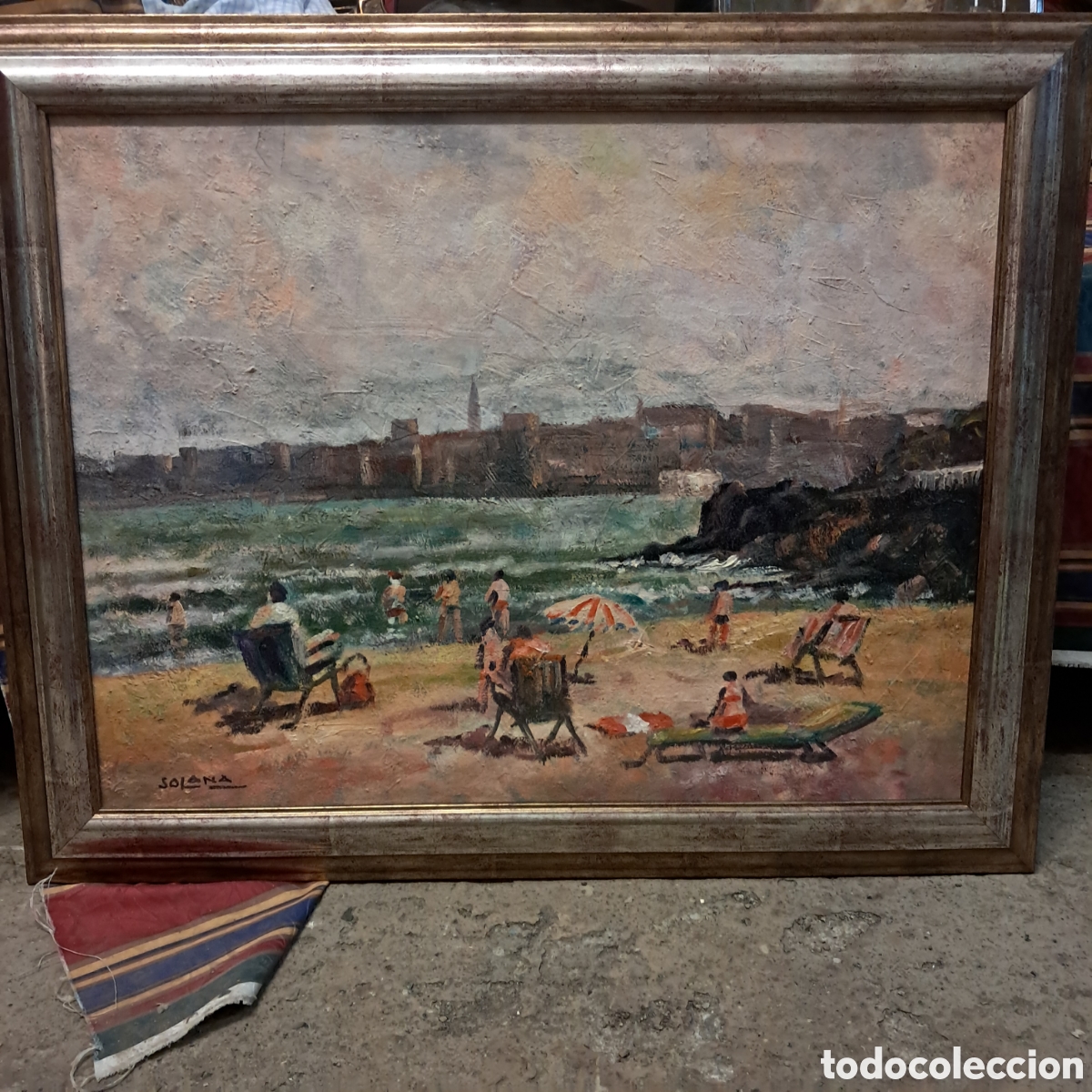 Otros objetos de arte: Oleo en tela escena de playa, pintor Solana