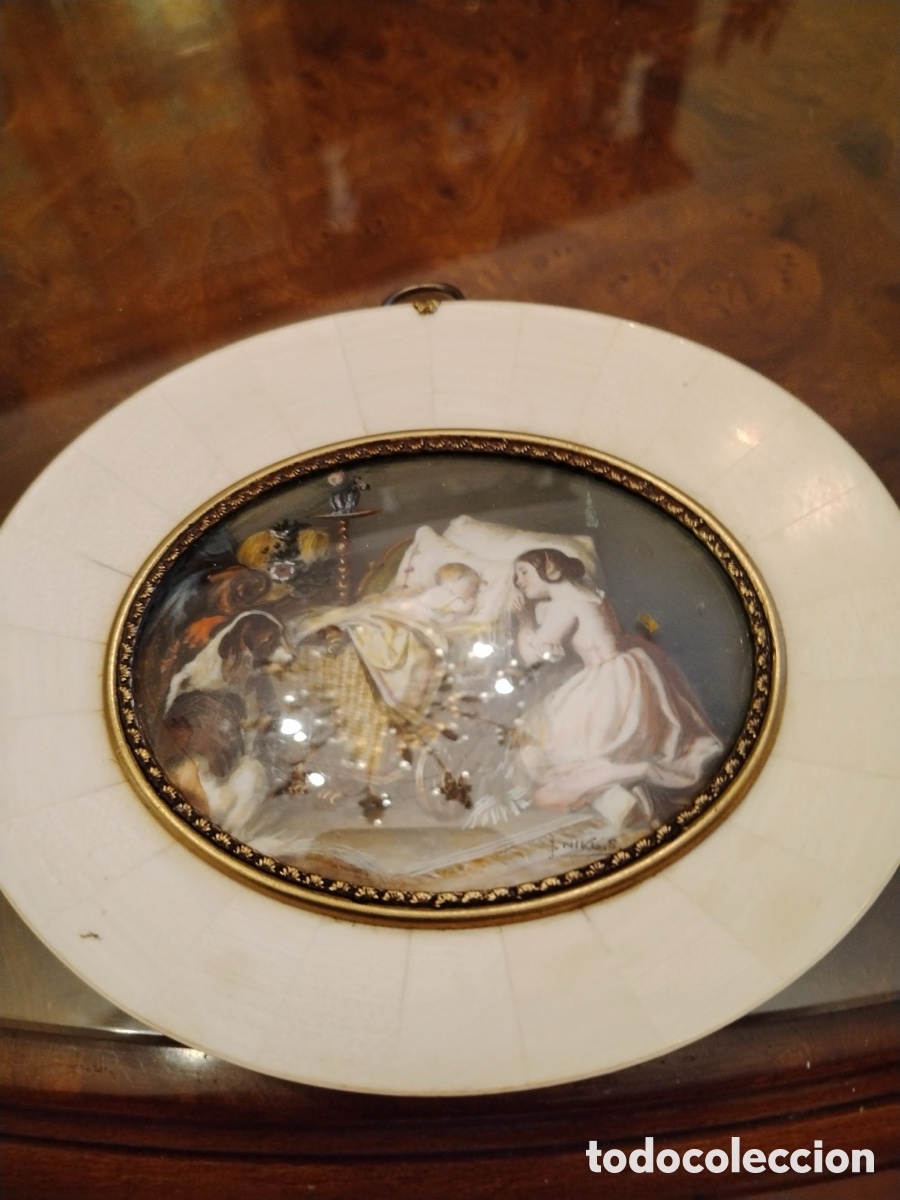 Otros objetos de arte: HAFFKE 'Die Schlafenden' - miniatura sobre marfil f&oacute;sil de mamut 7x9