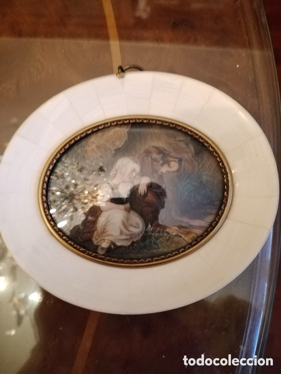 Otros objetos de arte: HAFFKE 'Gute Freunde' - miniatura sobre marfil f&oacute;sil de mamut 7x9