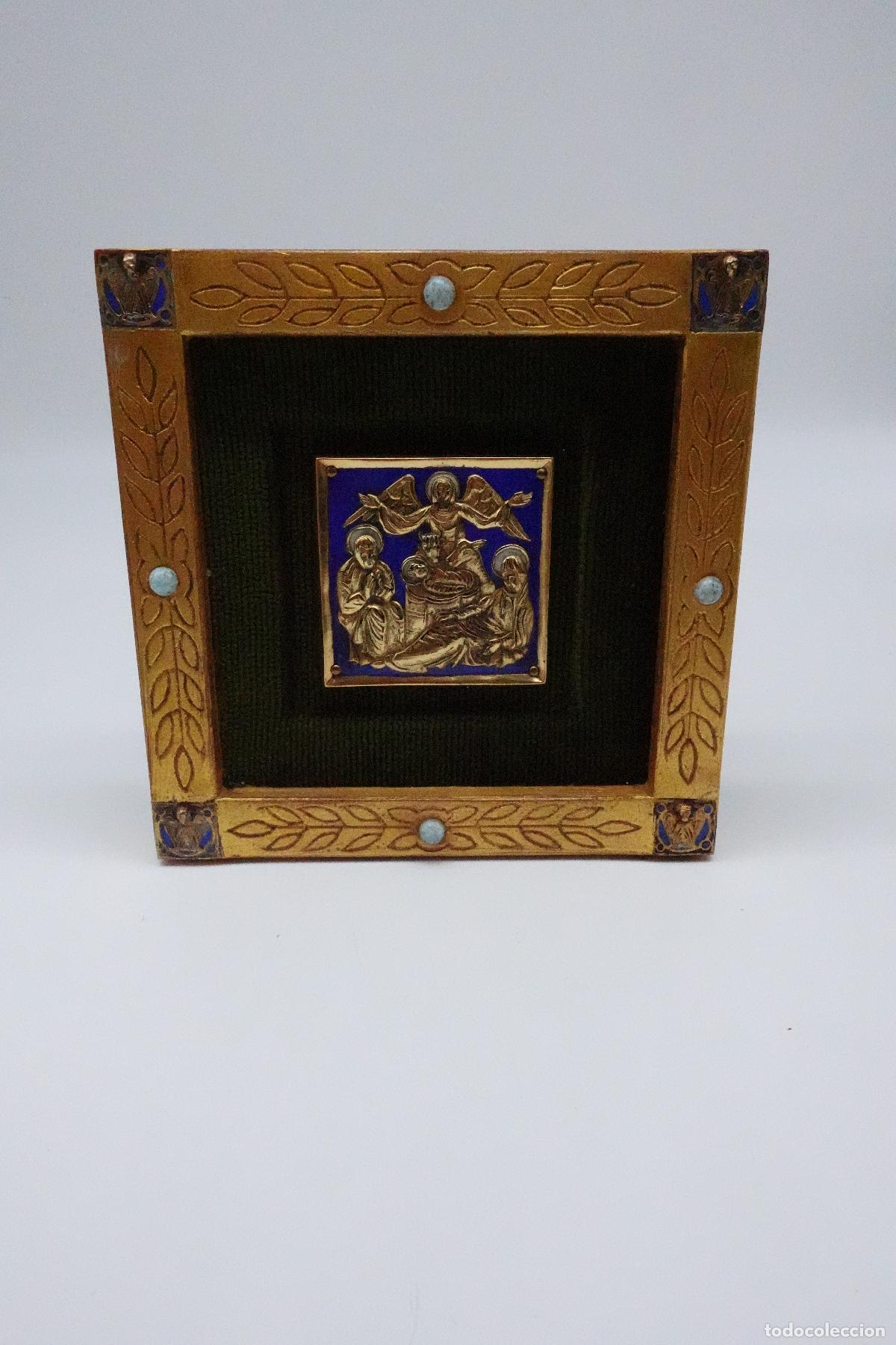Andere Kunstgegenst&auml;nde: CUADRO ESMALETE MORATO NACIMIENTO ICONO CRISTIANO AZUL RELIEVE DORADO MARCO ORNAMENTADO VINTAGE