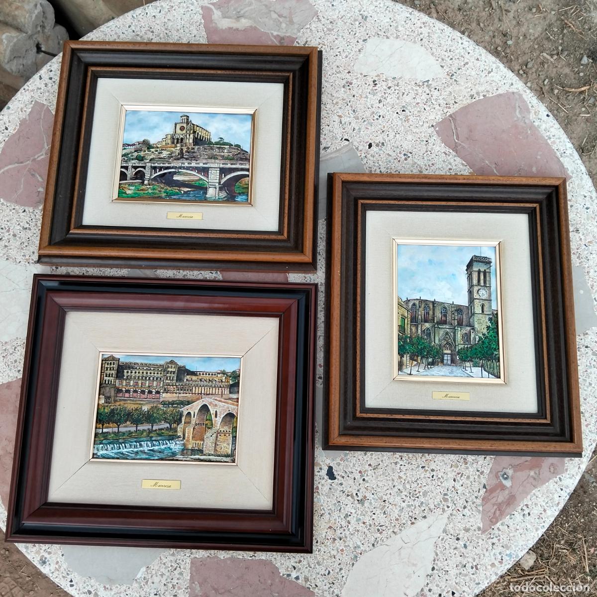 Andere Kunstgegenst&auml;nde: Lote 3 cuadros esmaltes hechos a mano de la ciudad de Manresa pont vell la Seu seo catedral a&ntilde;os 80