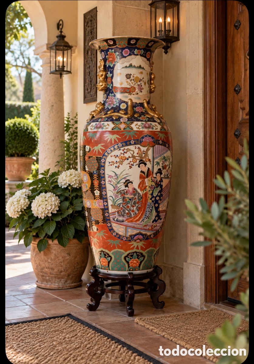 Otros objetos de arte: Jarr&oacute;n oriental monumental 150 cm con peana, policromado y sellado